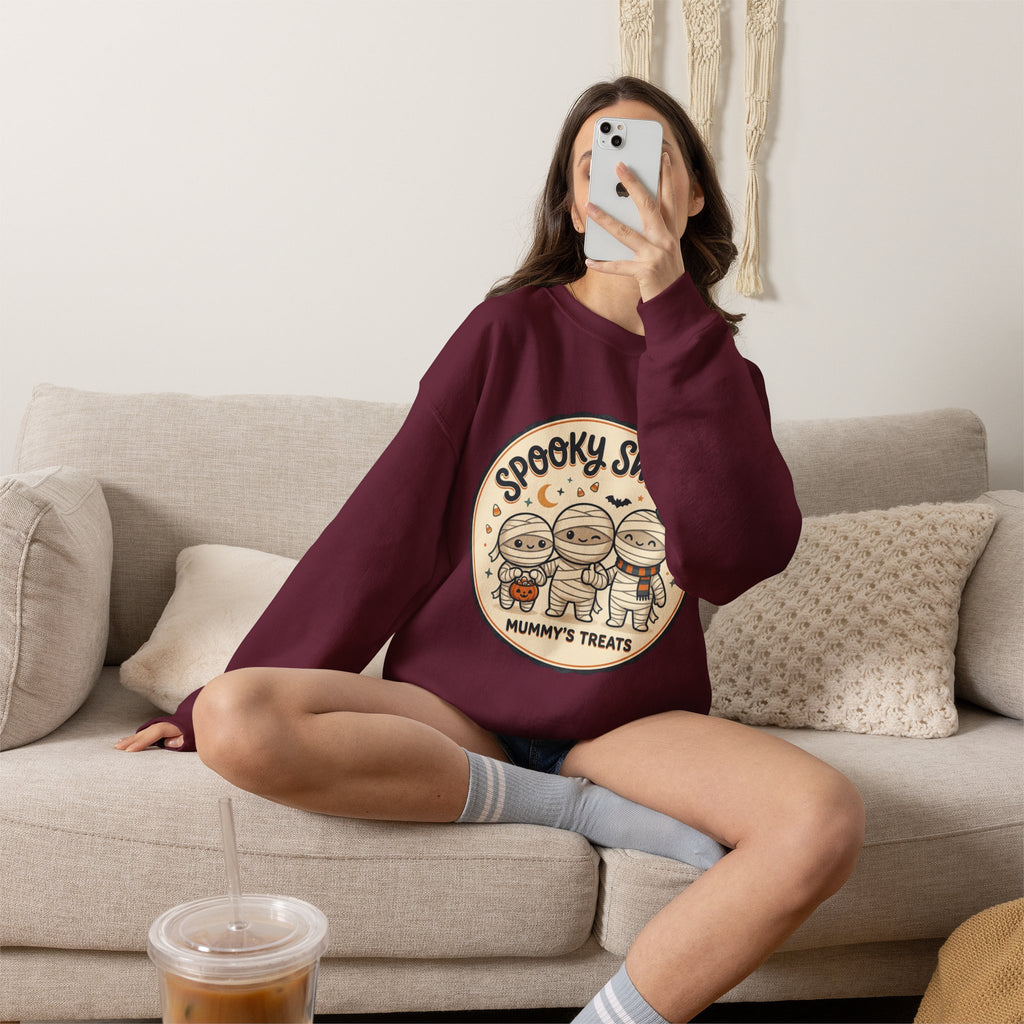 Halloween Sweatshirt — "Spooky Sweet Mummy's Treats" Cute Mummy Candy Crewneck