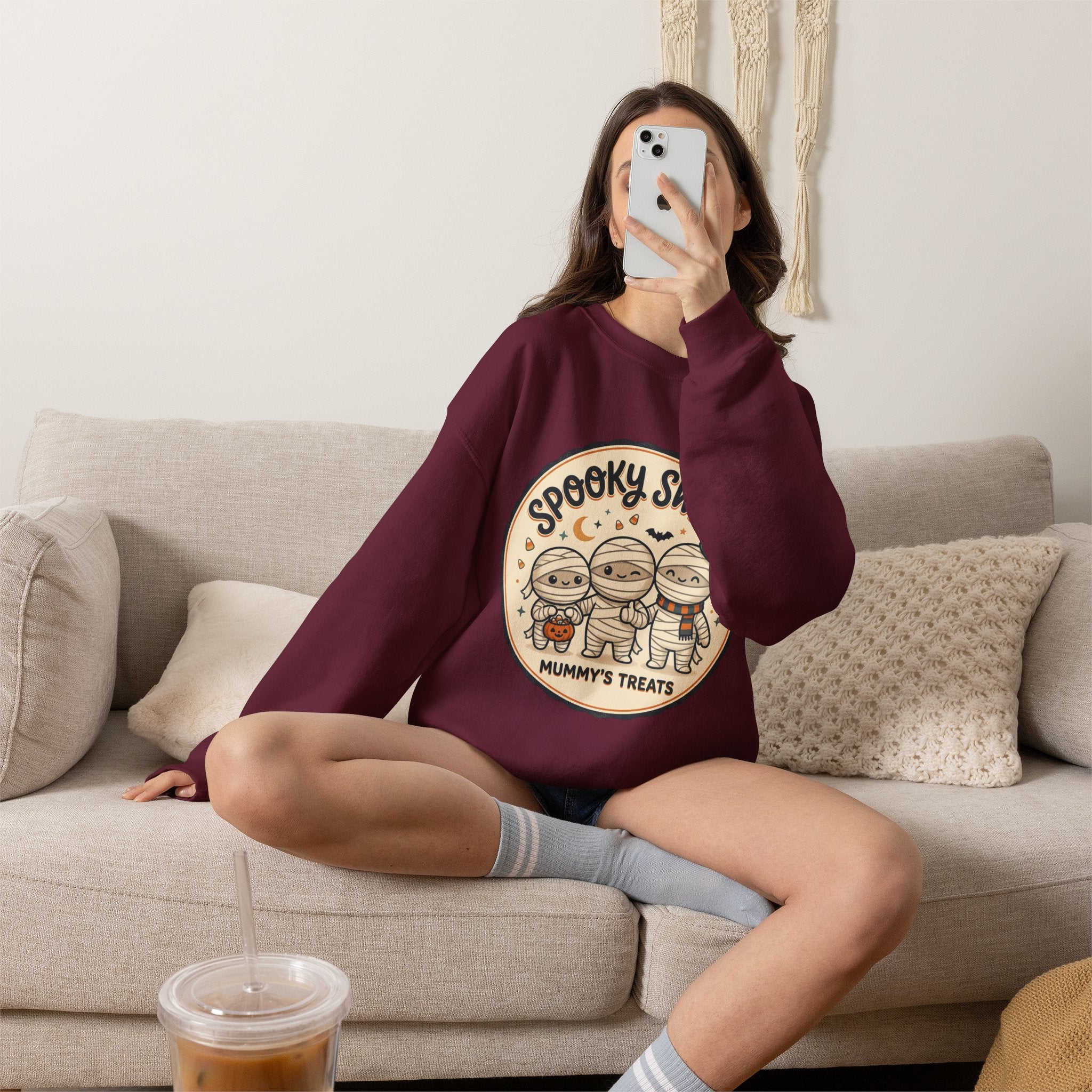 Halloween Sweatshirt — "Spooky Sweet Mummy's Treats" Cute Mummy Candy Crewneck