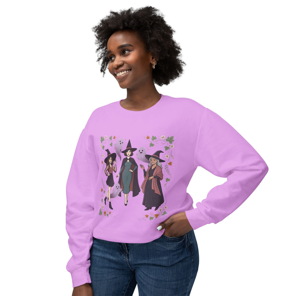 Three Witches with Ghosts Sweatshirt | Halloween Witch Trio, Autumn Leaves