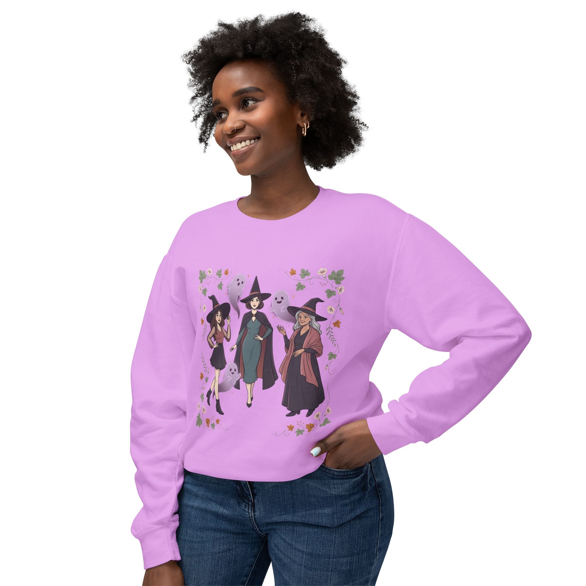 Three Witches with Ghosts Sweatshirt | Halloween Witch Trio, Autumn Leaves