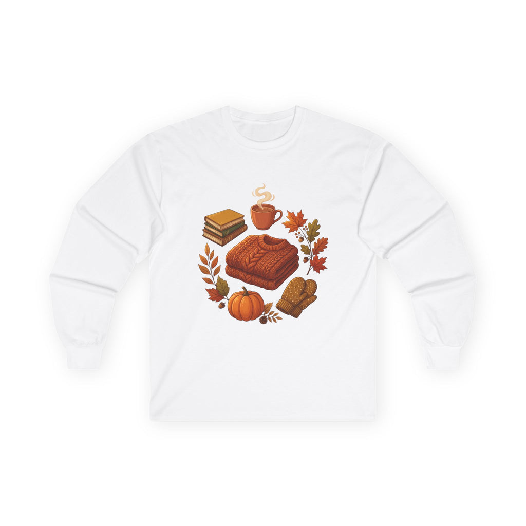 Autumn Cozy Comfort Long Sleeve Tee — Pumpkin, Sweater & Hot Drink Fall Design