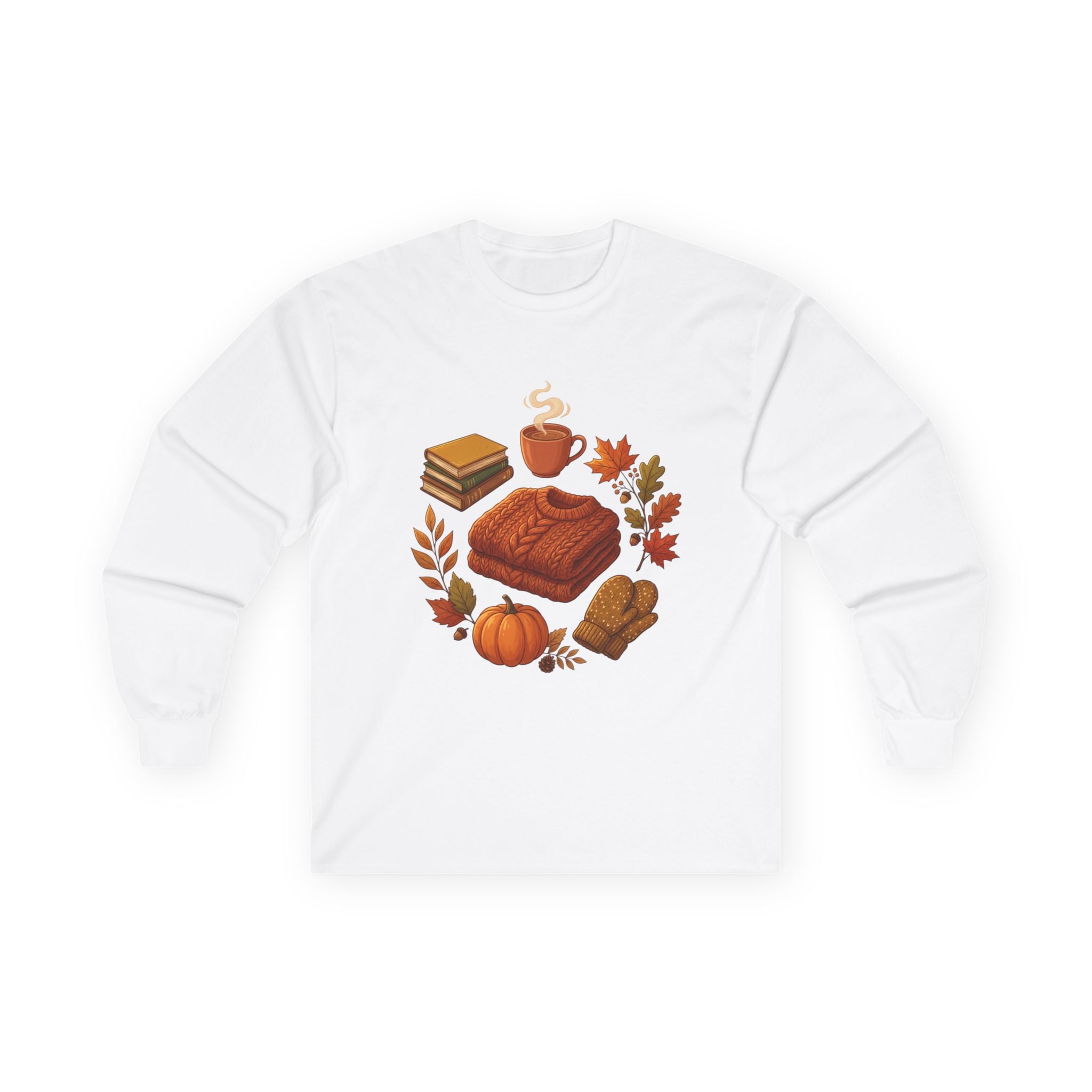 Autumn Cozy Comfort Long Sleeve Tee — Pumpkin, Sweater & Hot Drink Fall Design