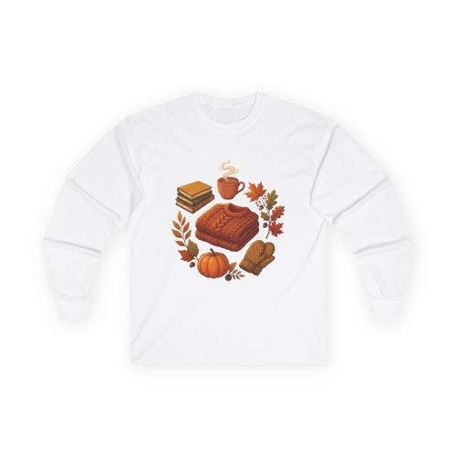 Autumn Cozy Comfort Long Sleeve Tee — Pumpkin, Sweater & Hot Drink Fall Design
