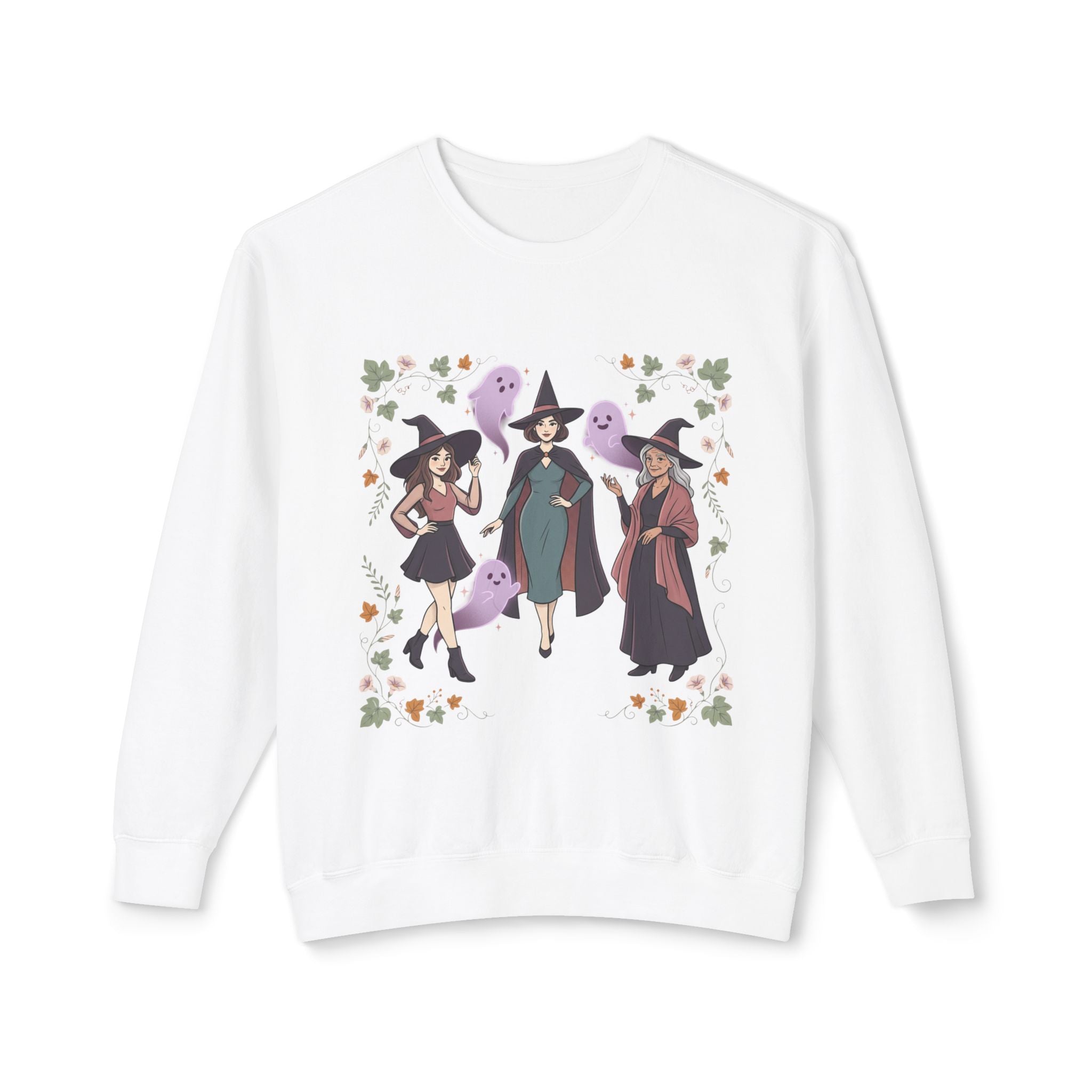 Three Witches with Ghosts Sweatshirt | Halloween Witch Trio, Autumn Leaves