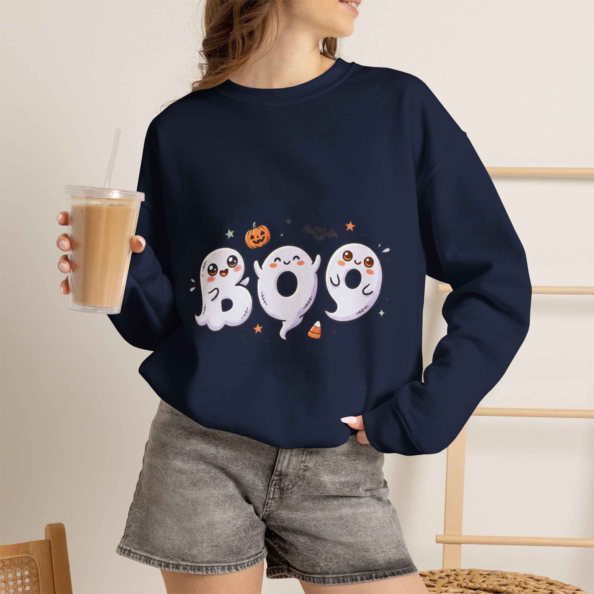 Cute 'BOO' Ghost Halloween Sweatshirt — Cute Spooky Crewneck for Fall