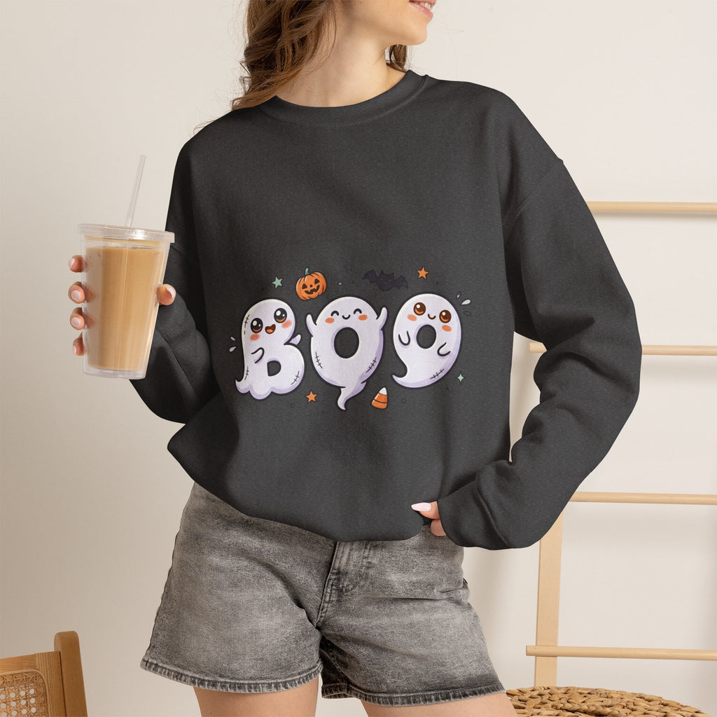 Cute 'BOO' Ghost Halloween Sweatshirt — Cute Spooky Crewneck for Fall