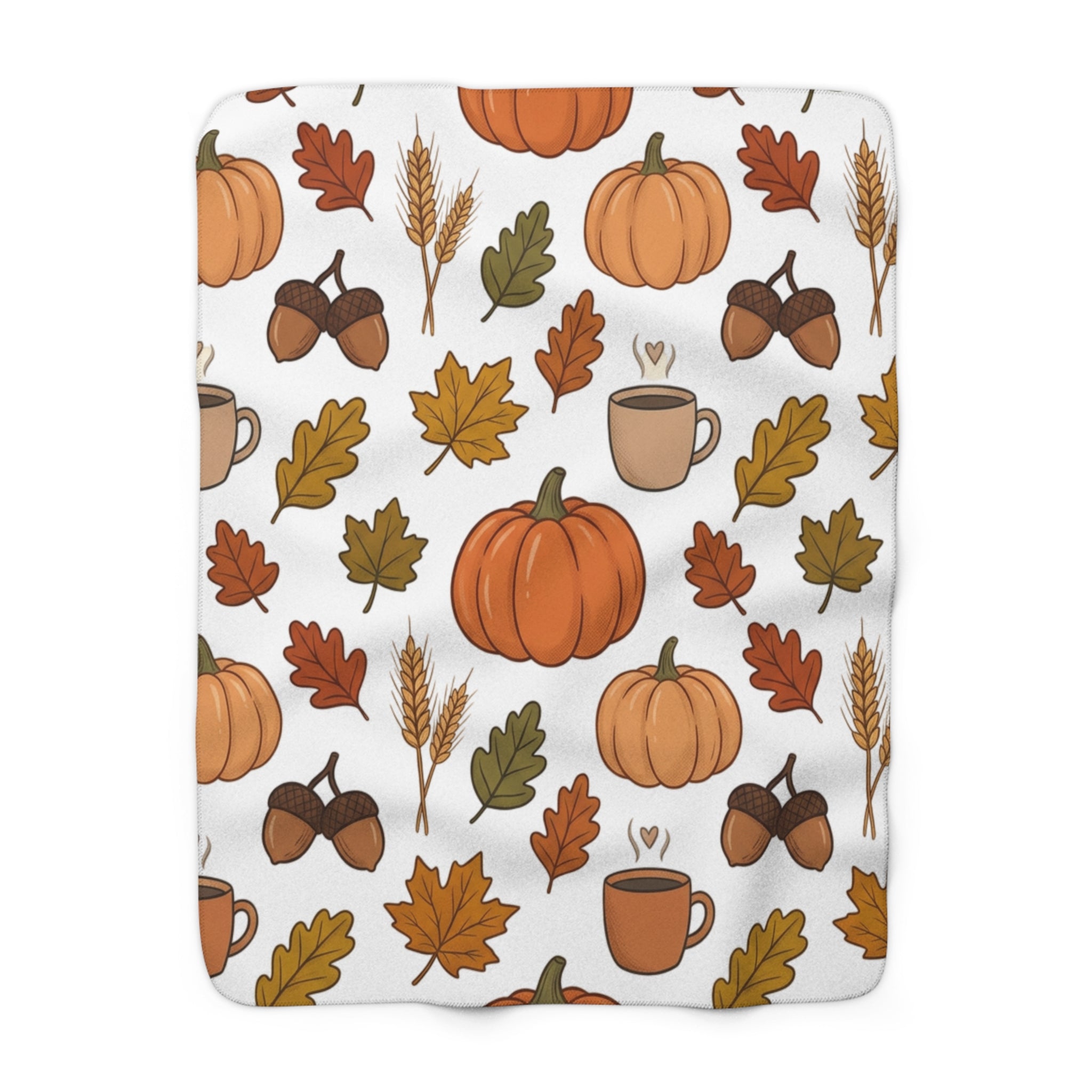 Autumn Pumpkins Leaves Coffee Pattern Sherpa Fleece Blanket