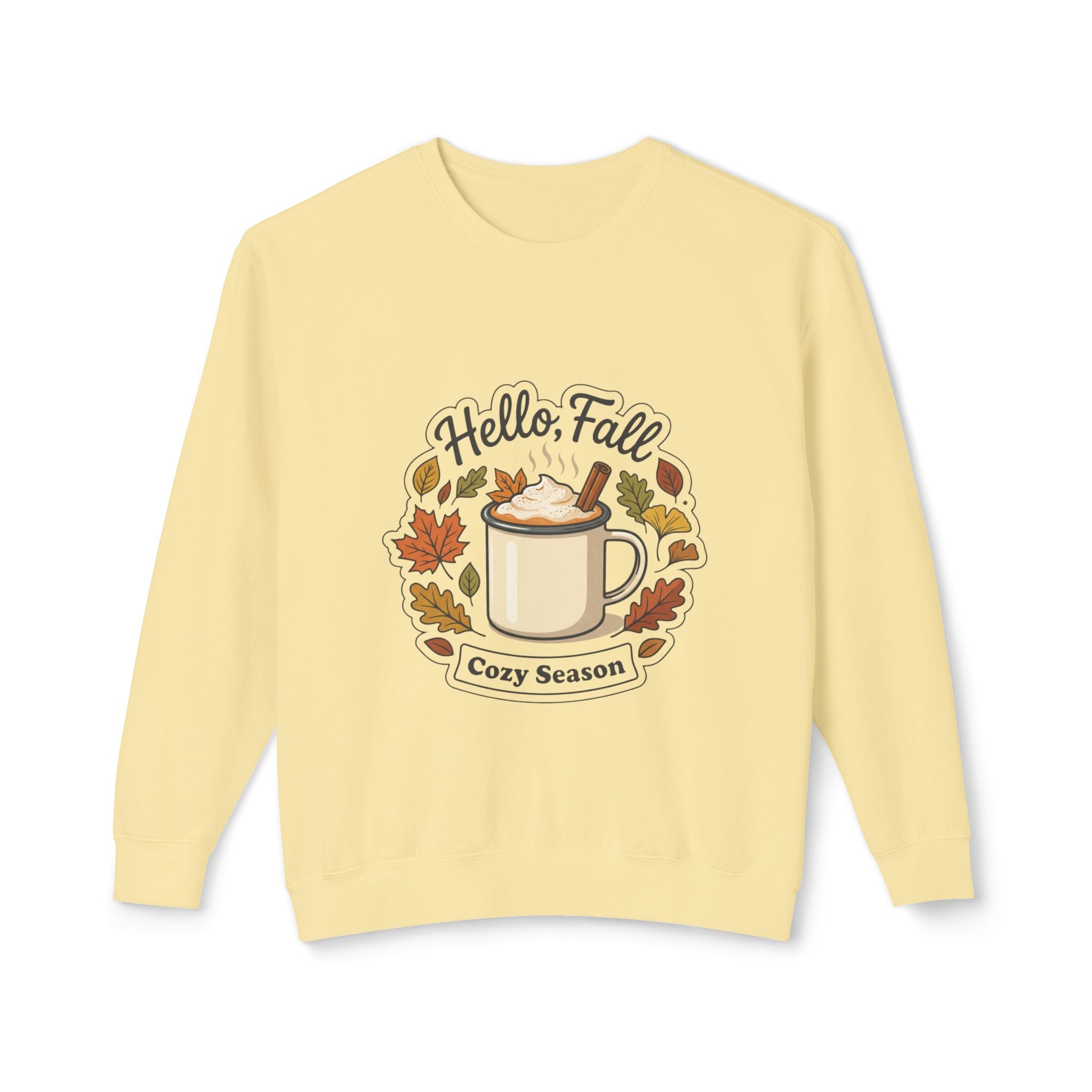 Hello Fall Cozy Season mug illustration Sweatshirt | Autumn leaves, pumpkin spice