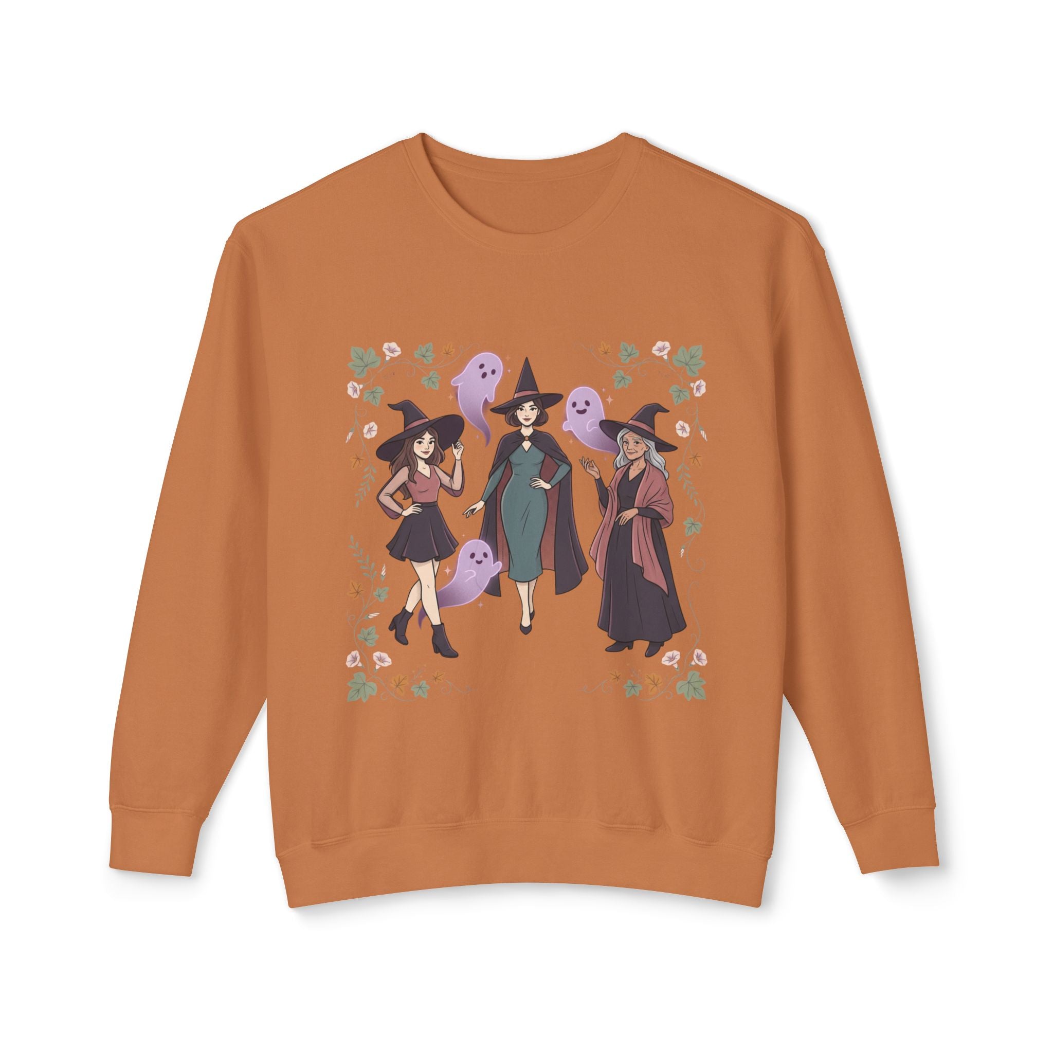 Three Witches with Ghosts Sweatshirt | Halloween Witch Trio, Autumn Leaves