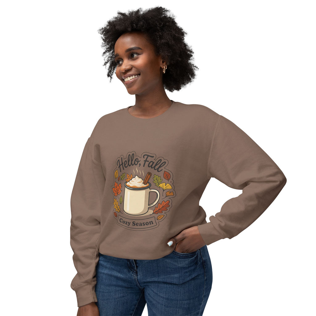 Hello Fall Cozy Season mug illustration Sweatshirt | Autumn leaves, pumpkin spice