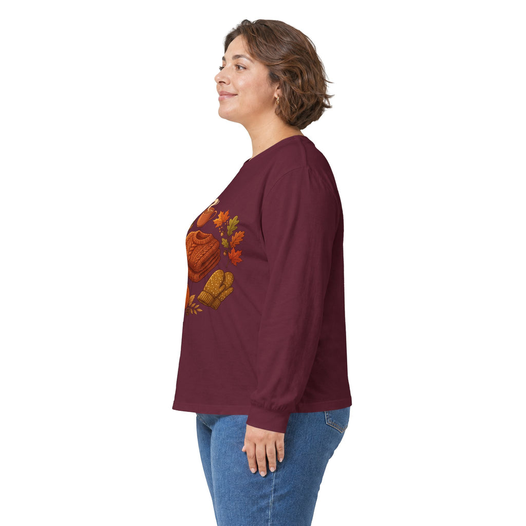 Autumn Cozy Comfort Long Sleeve Tee — Pumpkin, Sweater & Hot Drink Fall Design