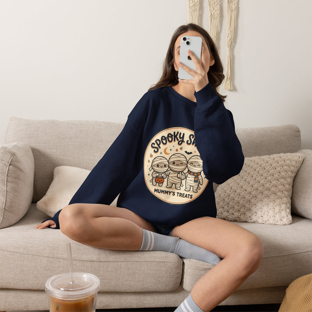Halloween Sweatshirt — "Spooky Sweet Mummy's Treats" Cute Mummy Candy Crewneck