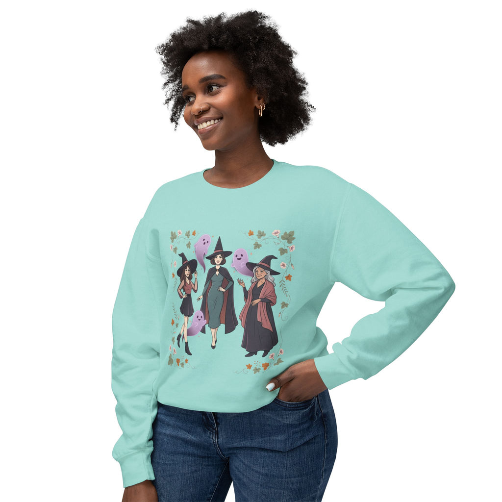 Three Witches with Ghosts Sweatshirt | Halloween Witch Trio, Autumn Leaves