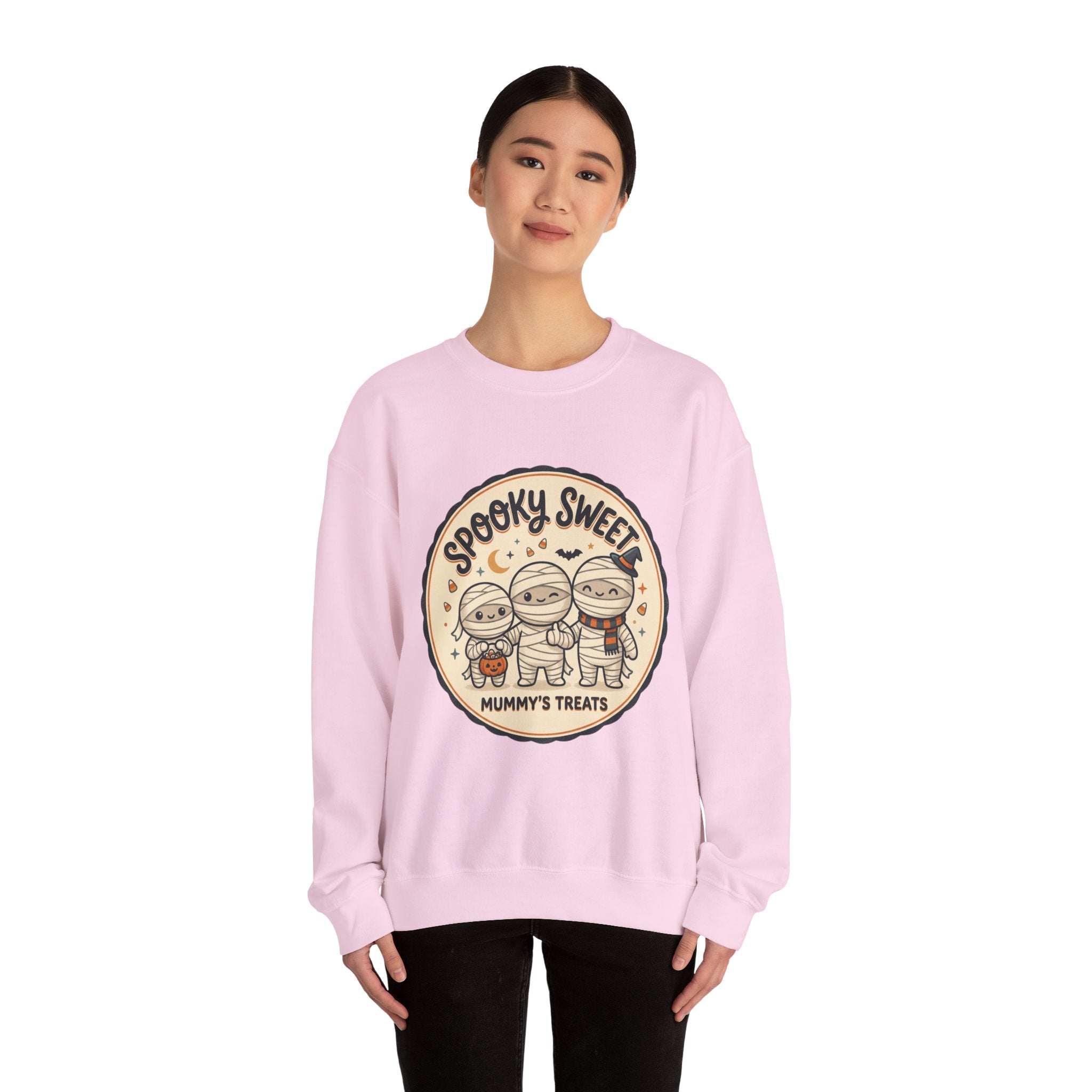 Halloween Sweatshirt — "Spooky Sweet Mummy's Treats" Cute Mummy Candy Crewneck