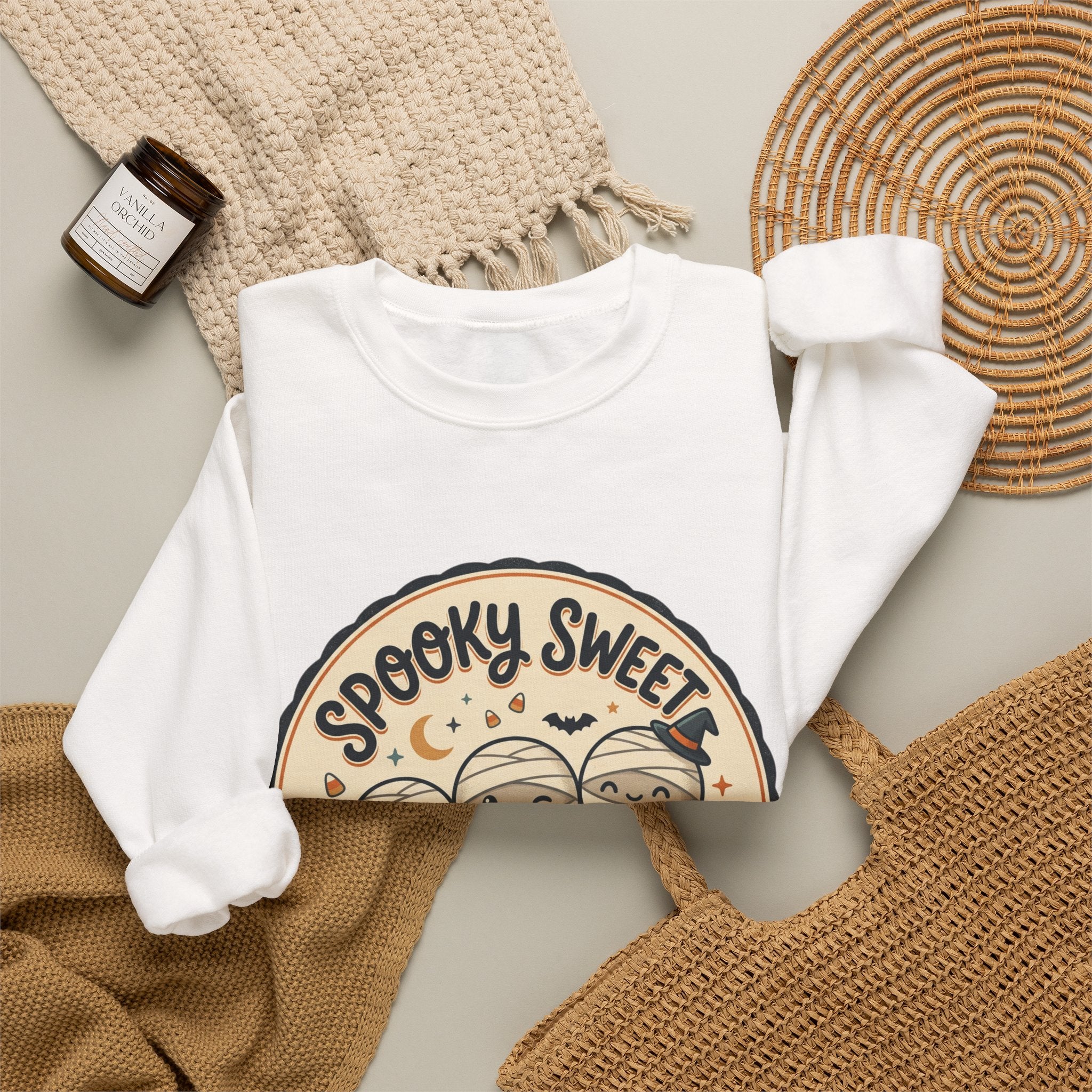 Halloween Sweatshirt — "Spooky Sweet Mummy's Treats" Cute Mummy Candy Crewneck