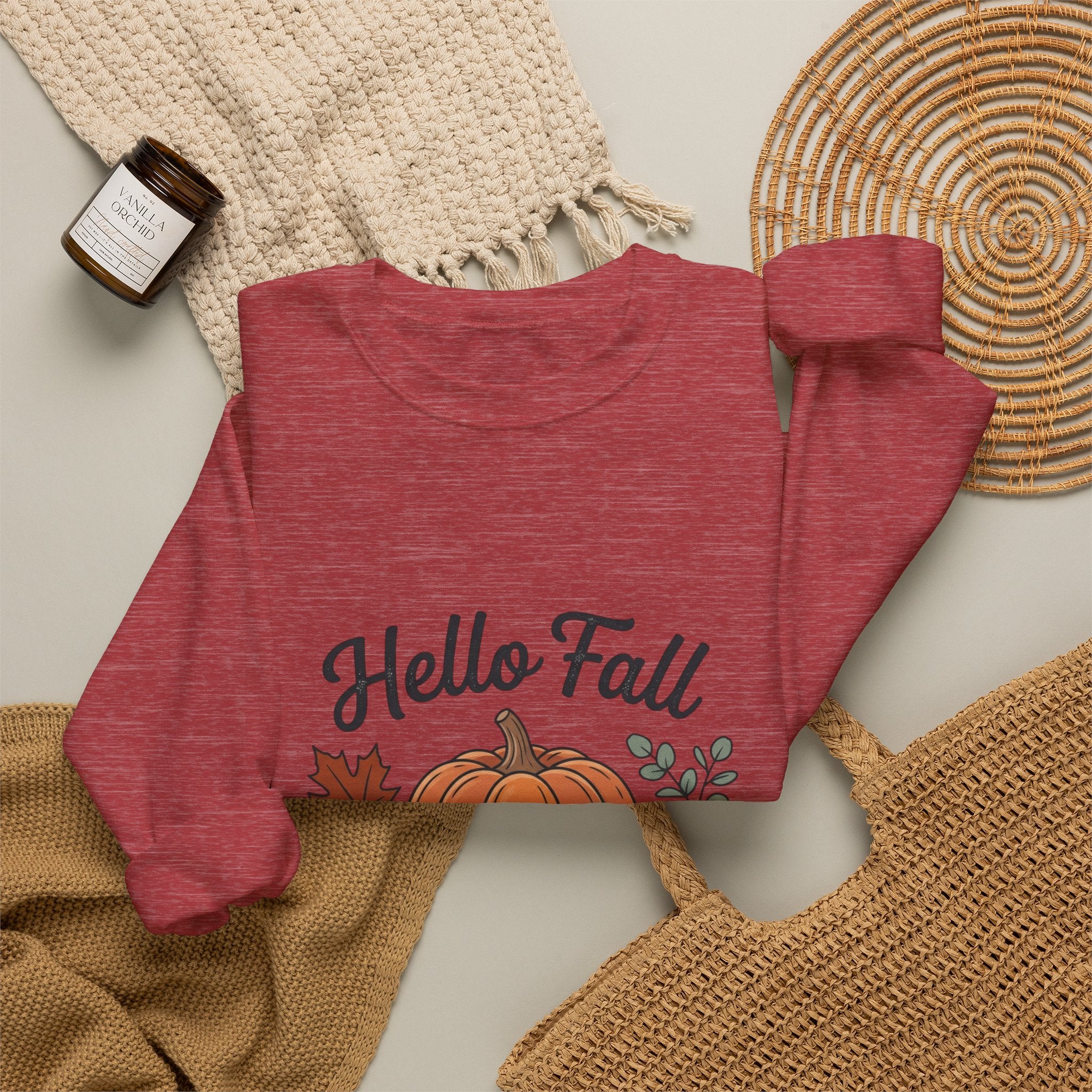 Hello Fall Pumpkin Design Sweatshirt | Autumn Leaves Cinnamon Sticks