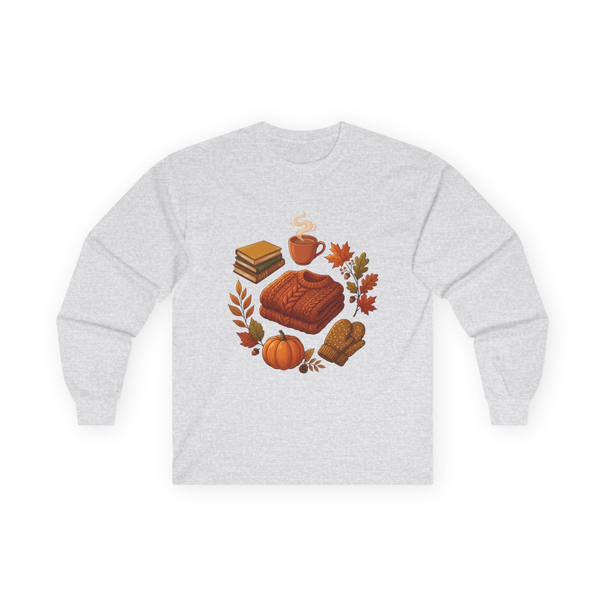 Autumn Cozy Comfort Long Sleeve Tee — Pumpkin, Sweater & Hot Drink Fall Design