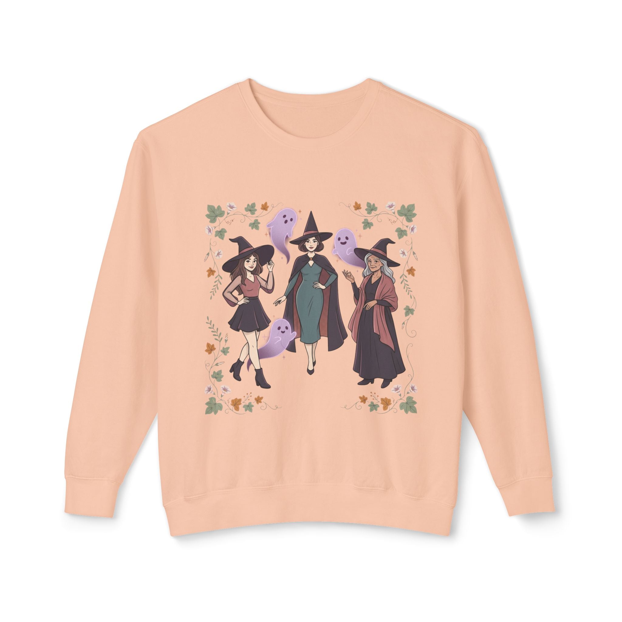 Three Witches with Ghosts Sweatshirt | Halloween Witch Trio, Autumn Leaves