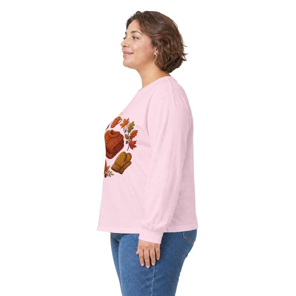 Autumn Cozy Comfort Long Sleeve Tee — Pumpkin, Sweater & Hot Drink Fall Design