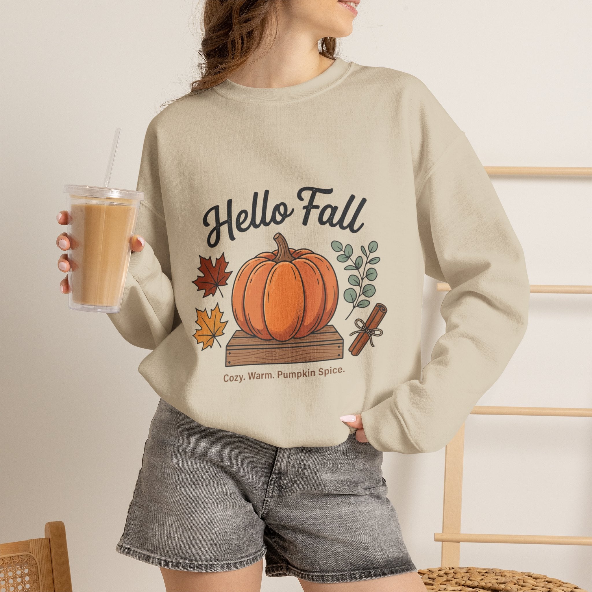 Hello Fall Pumpkin Design Sweatshirt | Autumn Leaves Cinnamon Sticks