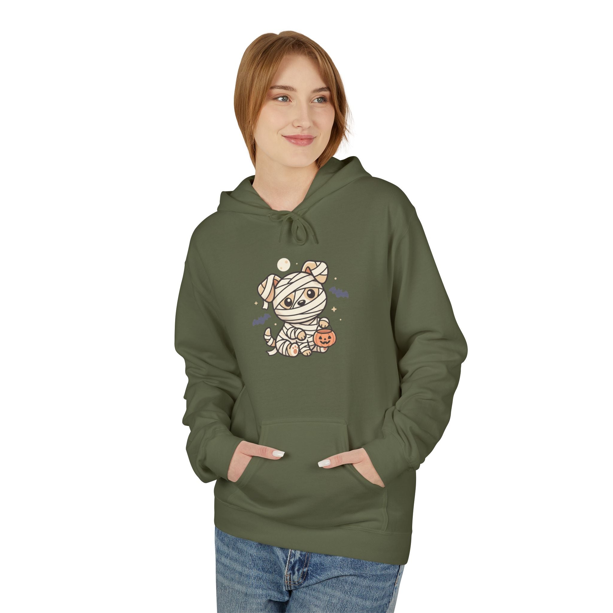 Mummy Dog Halloween Hoodie - Cute Wrapped Puppy with Pumpkin & Bats