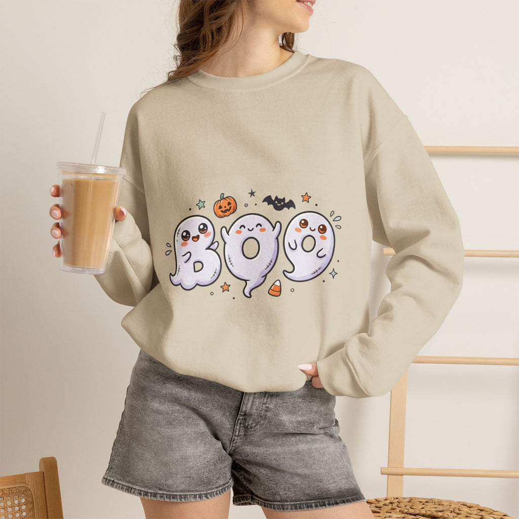 Cute 'BOO' Ghost Halloween Sweatshirt — Cute Spooky Crewneck for Fall