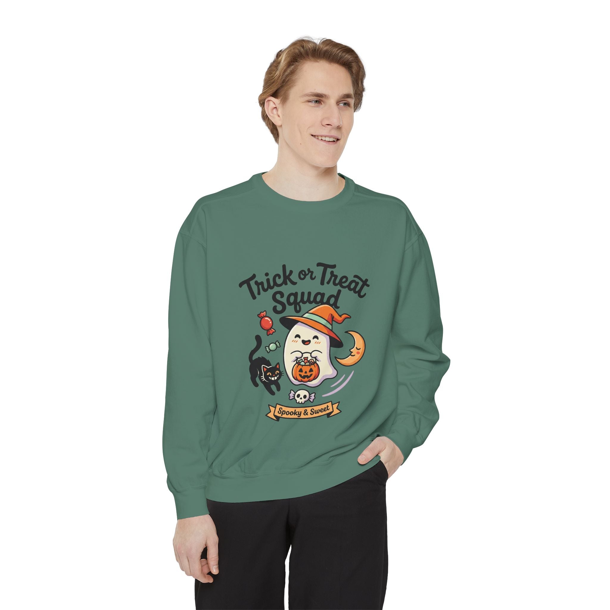 Trick or Treat Squad Sweatshirt | Halloween Ghost, Cat & Pumpkin