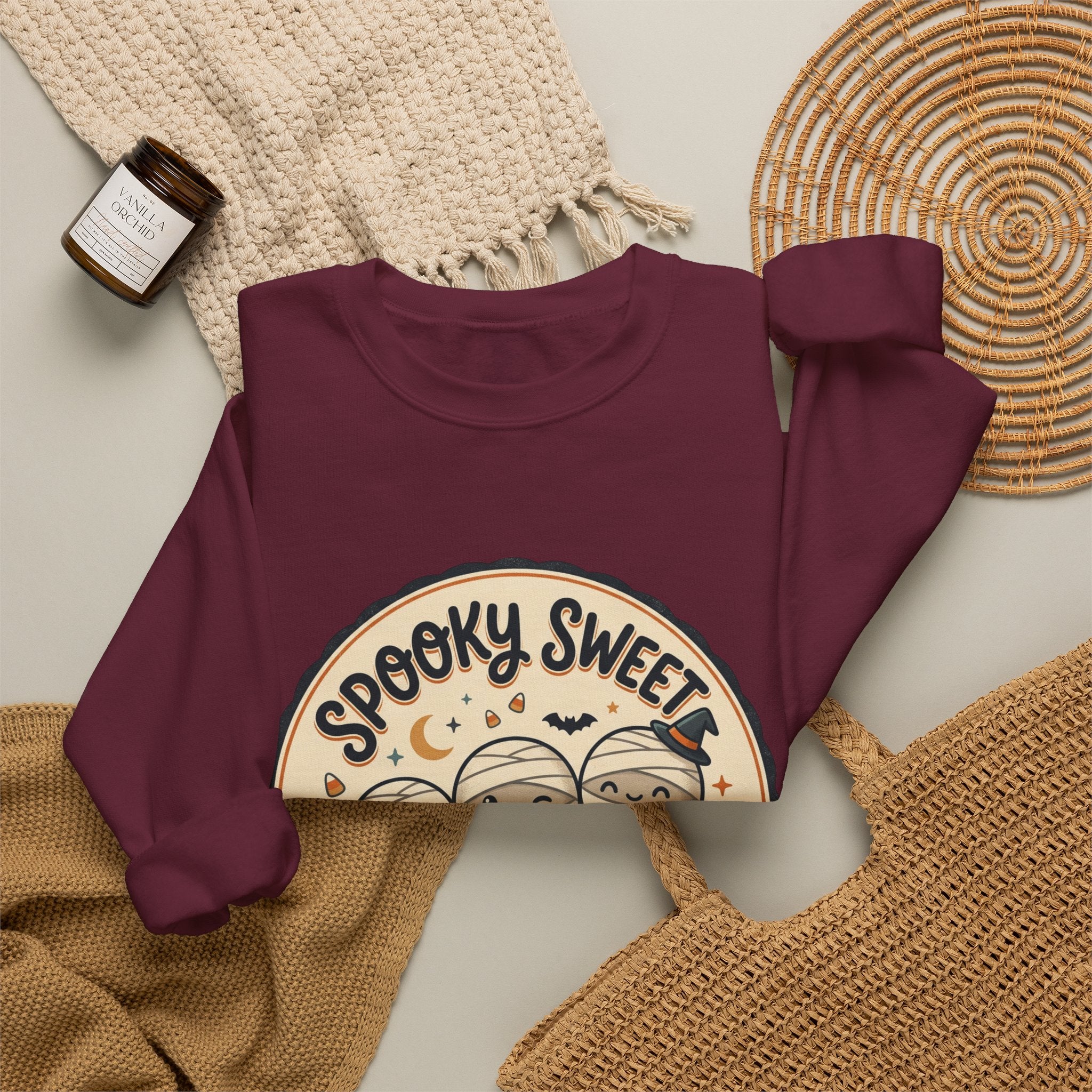 Halloween Sweatshirt — "Spooky Sweet Mummy's Treats" Cute Mummy Candy Crewneck