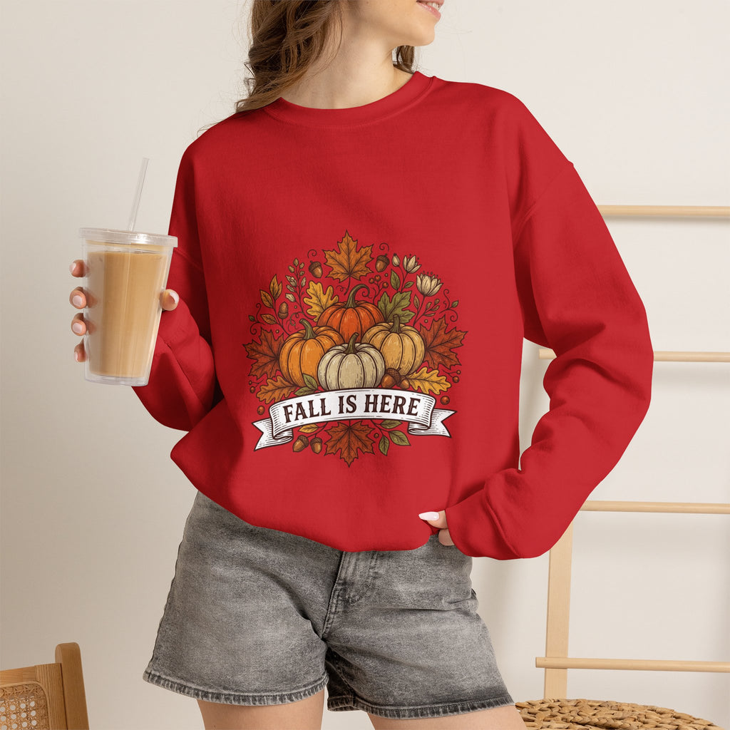 Fall Is Here Sweatshirt — Autumn Pumpkin Leaves Crewneck