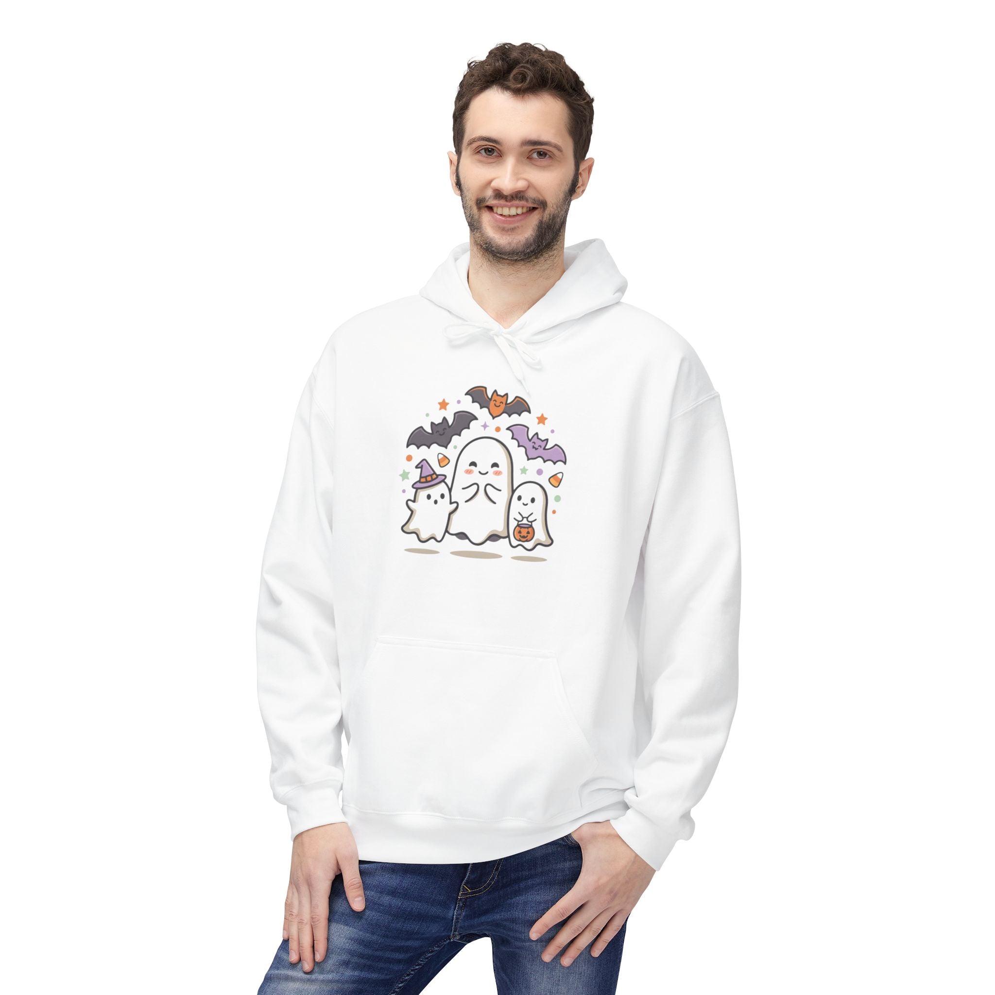 Halloween Cute Ghosts Hoodie – Kawaii Ghost, Bat & Candy Sweatshirt