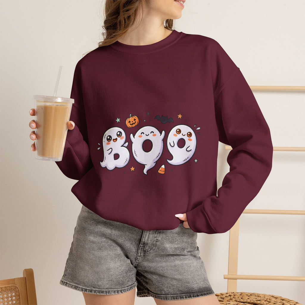 Cute 'BOO' Ghost Halloween Sweatshirt — Cute Spooky Crewneck for Fall