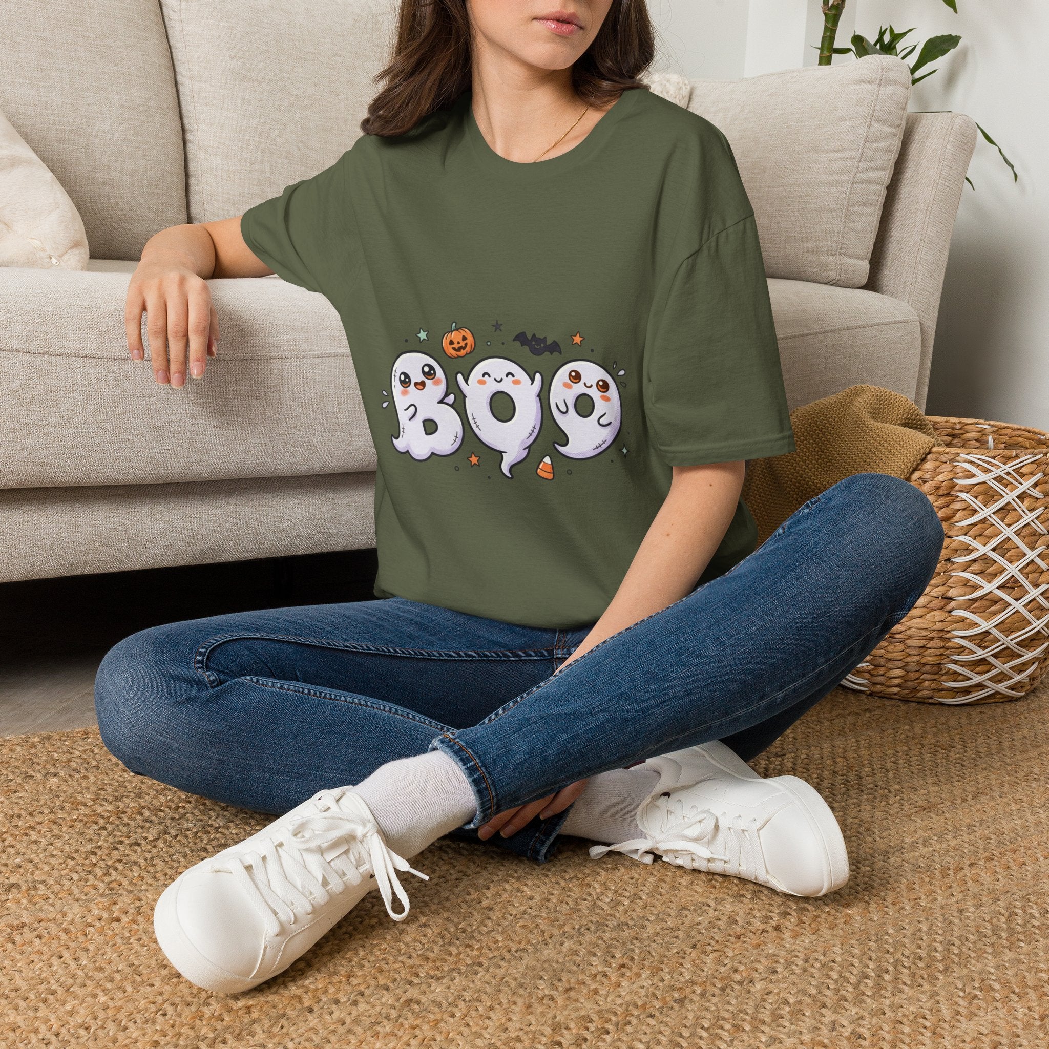 Halloween Ghosts "BOO" T-Shirt — Cute Spooky Pumpkin & Bat Graphic
