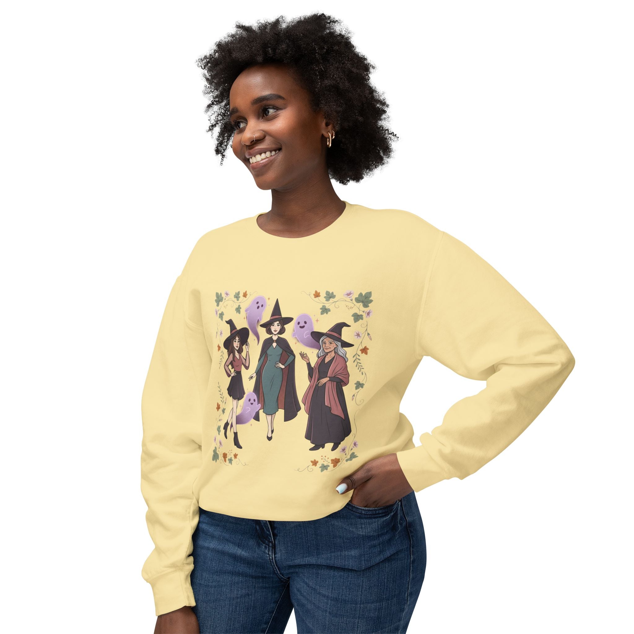 Three Witches with Ghosts Sweatshirt | Halloween Witch Trio, Autumn Leaves