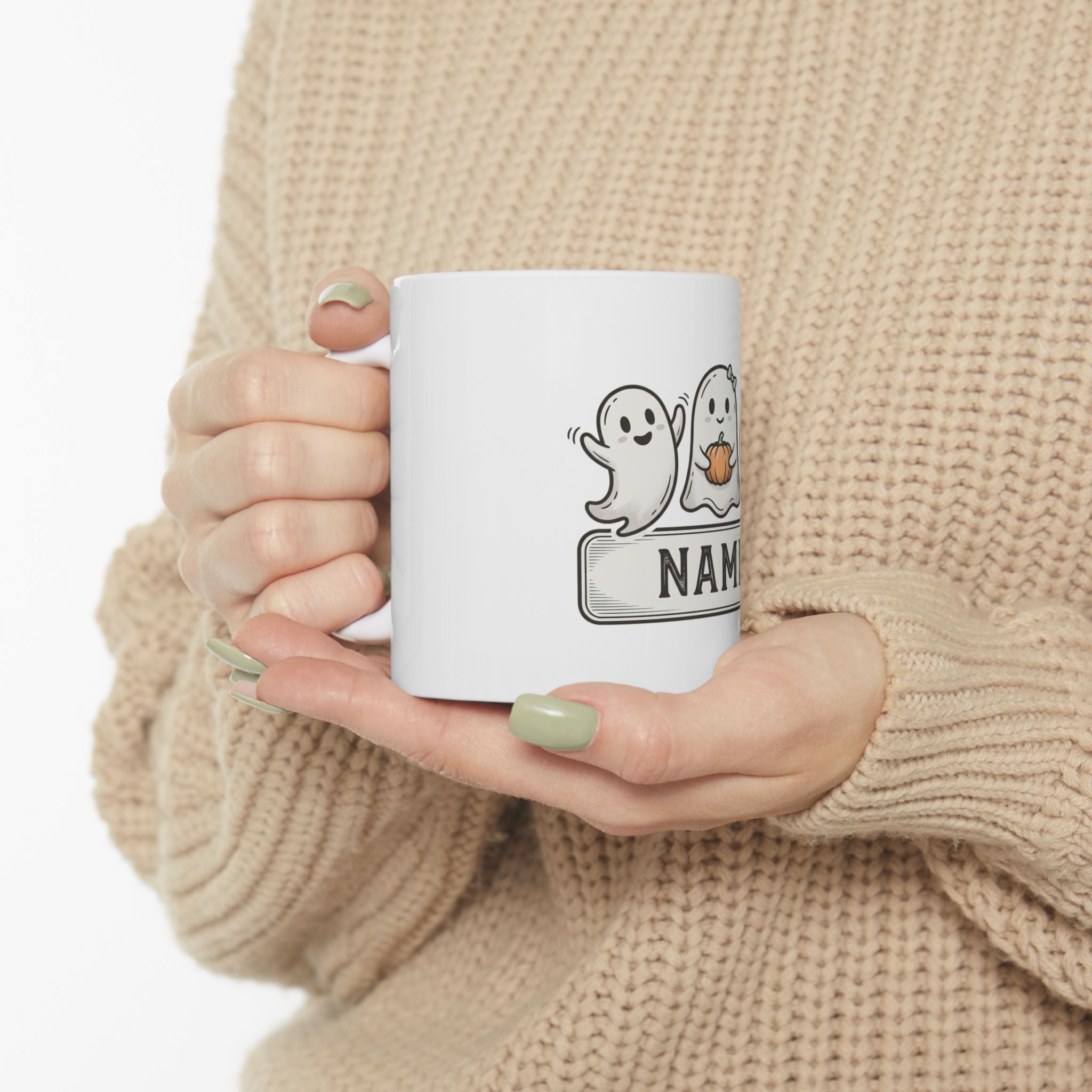 Personalized Halloween Ghost Mug — Cute Trio with Pumpkin (Custom Name)