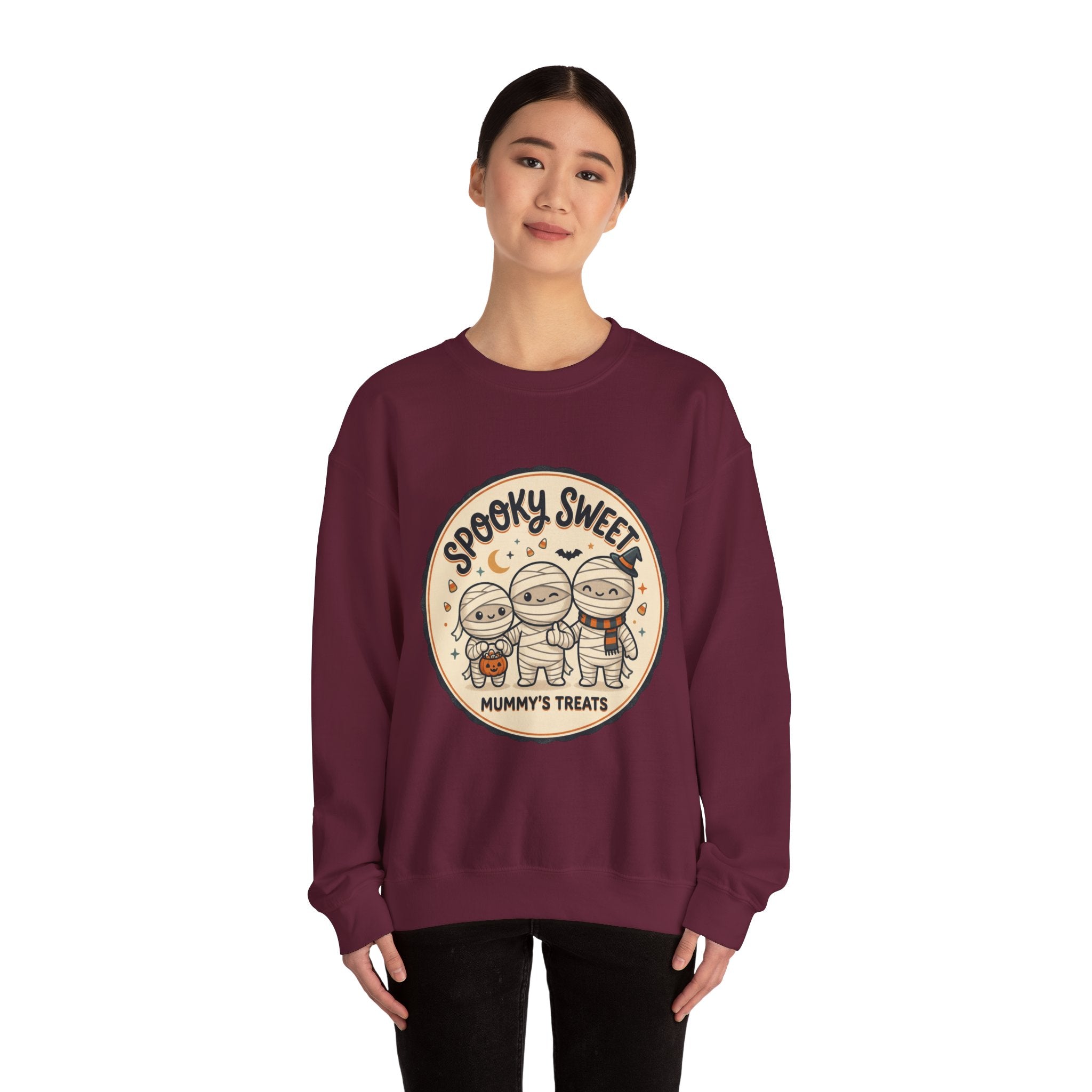 Halloween Sweatshirt — "Spooky Sweet Mummy's Treats" Cute Mummy Candy Crewneck