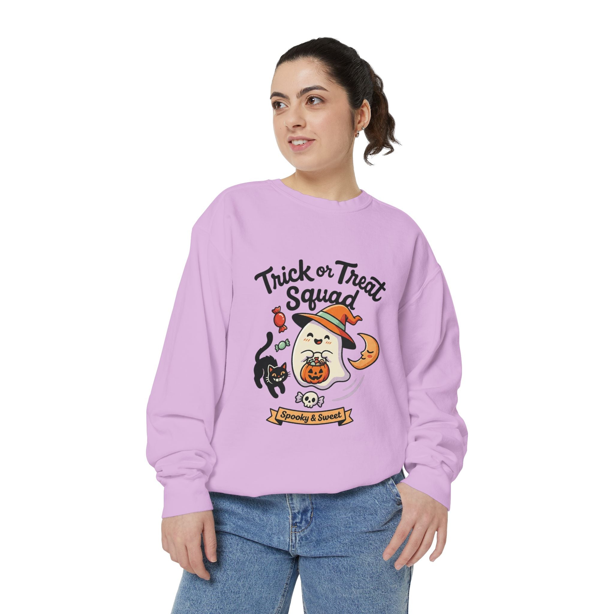 Trick or Treat Squad Sweatshirt | Halloween Ghost, Cat & Pumpkin