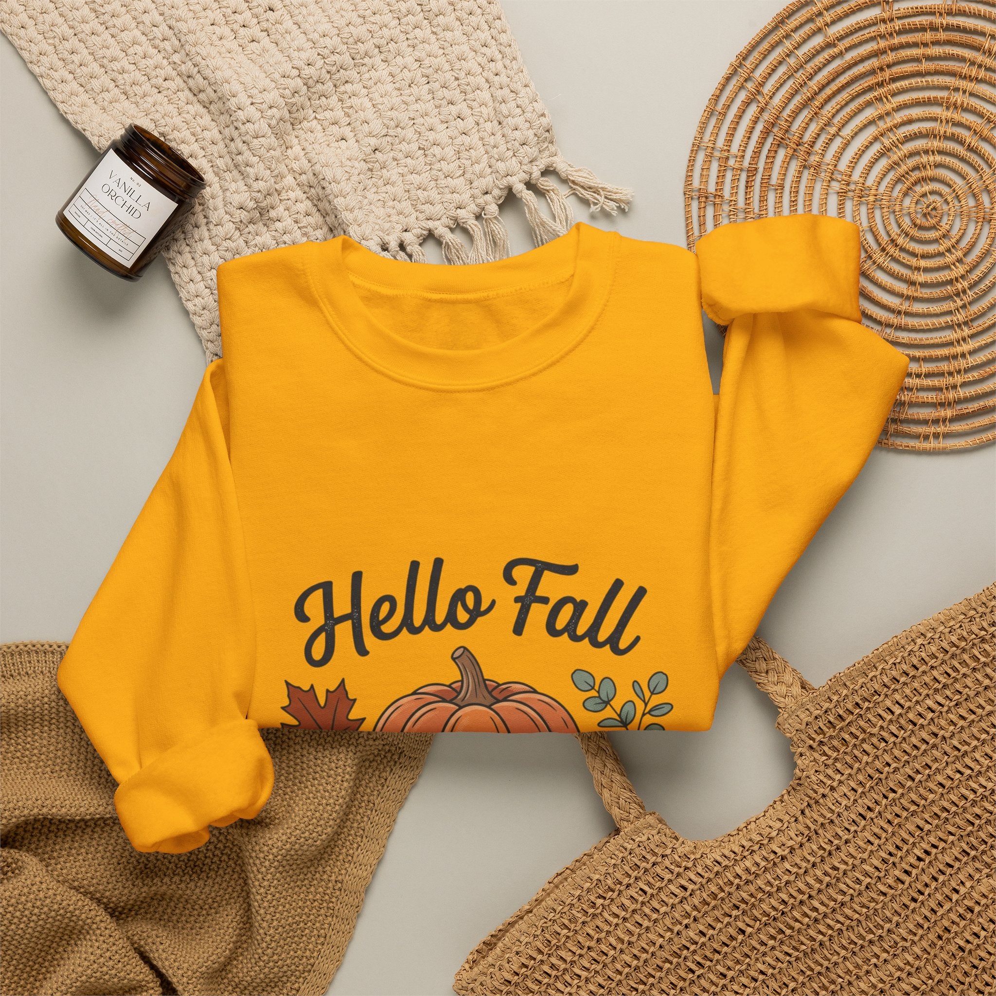 Hello Fall Pumpkin Design Sweatshirt | Autumn Leaves Cinnamon Sticks