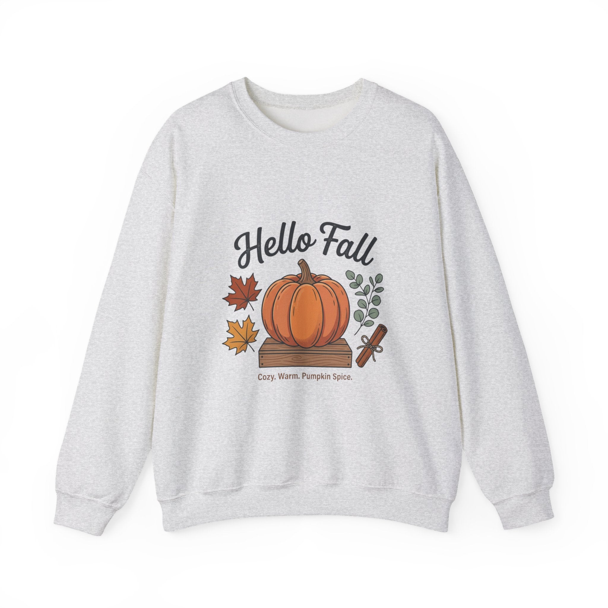 Hello Fall Pumpkin Design Sweatshirt | Autumn Leaves Cinnamon Sticks