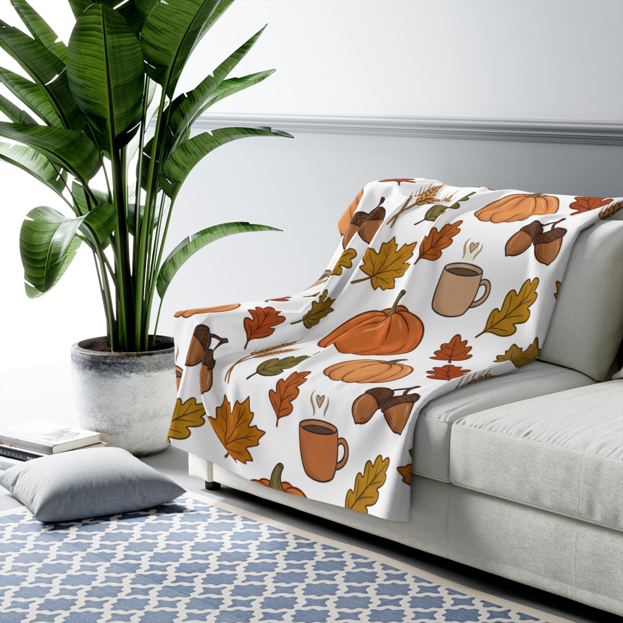 Autumn Pumpkins Leaves Coffee Pattern Sherpa Fleece Blanket