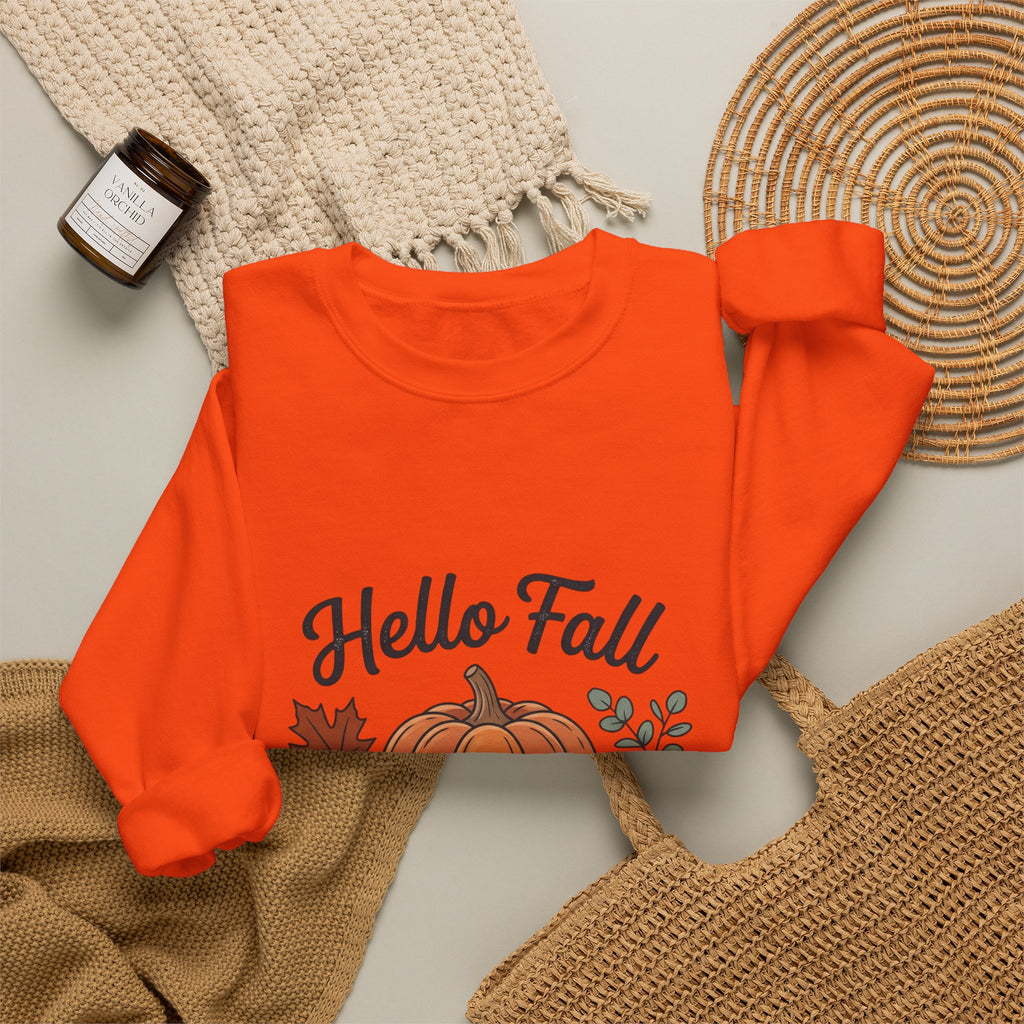 Hello Fall Pumpkin Design Sweatshirt | Autumn Leaves Cinnamon Sticks