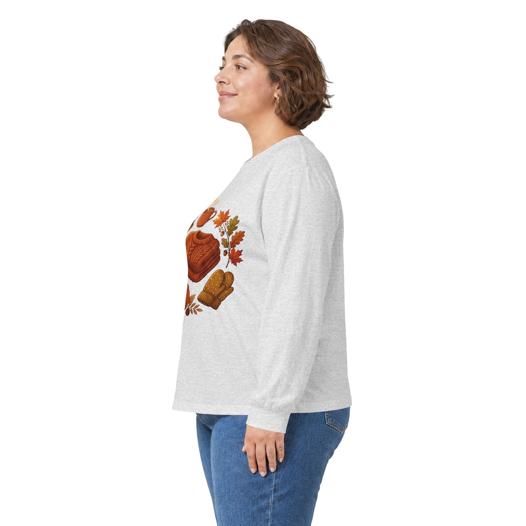Autumn Cozy Comfort Long Sleeve Tee — Pumpkin, Sweater & Hot Drink Fall Design
