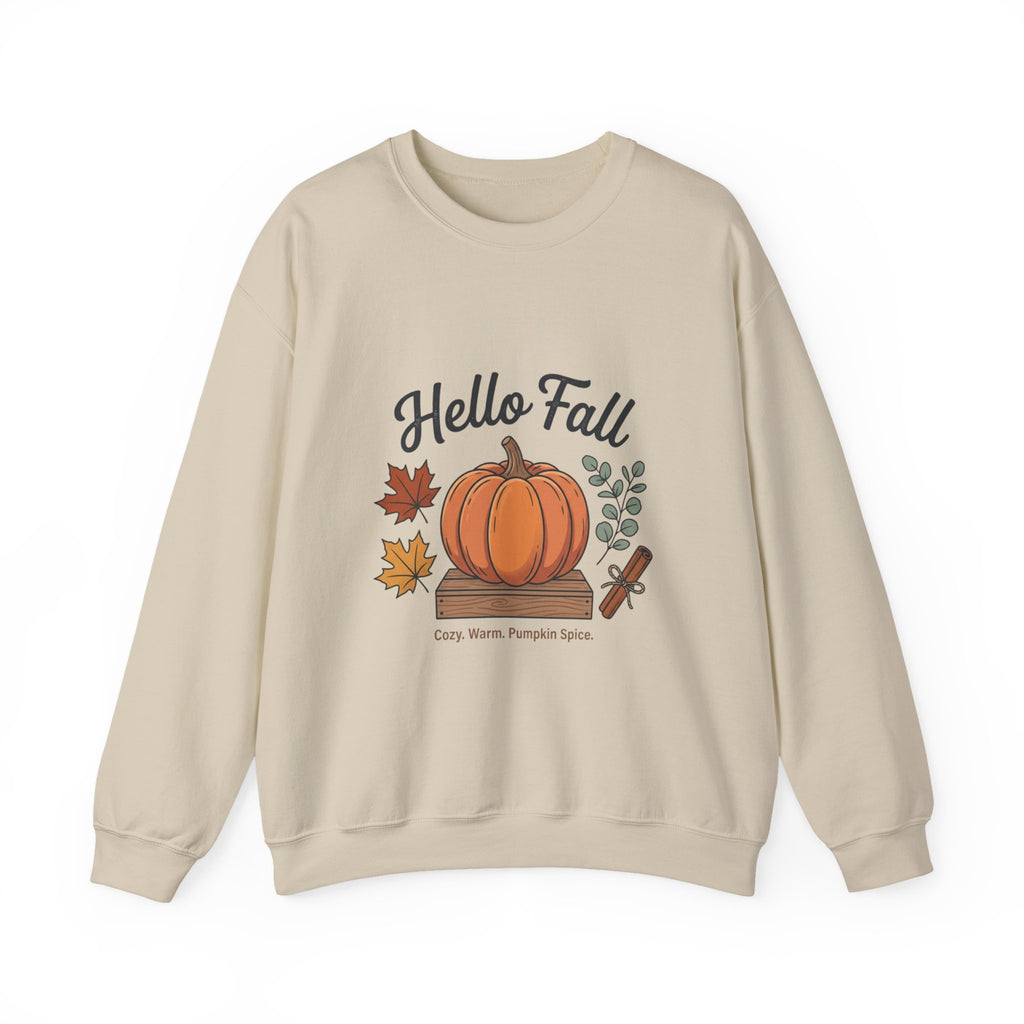 Hello Fall Pumpkin Design Sweatshirt | Autumn Leaves Cinnamon Sticks
