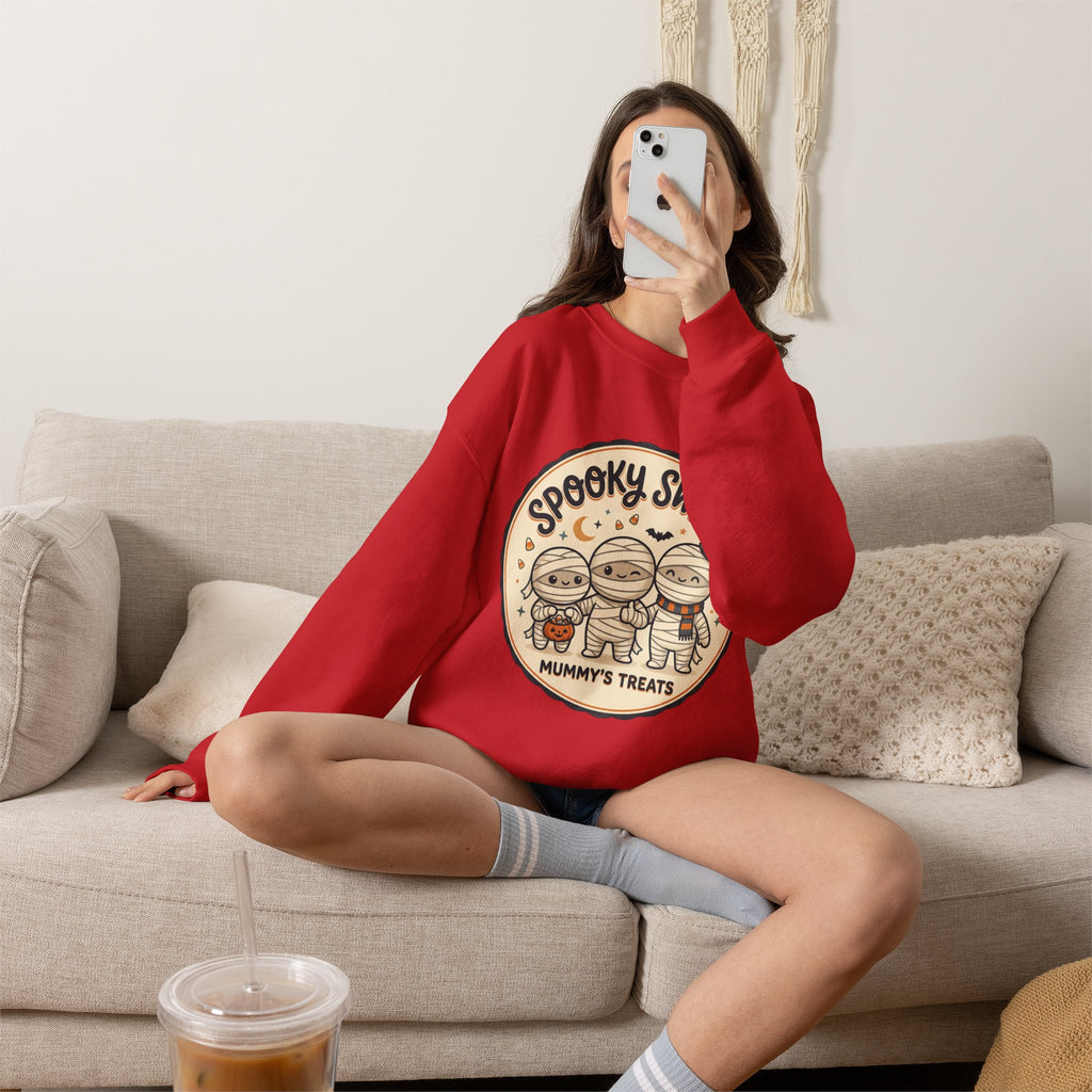 Halloween Sweatshirt — "Spooky Sweet Mummy's Treats" Cute Mummy Candy Crewneck