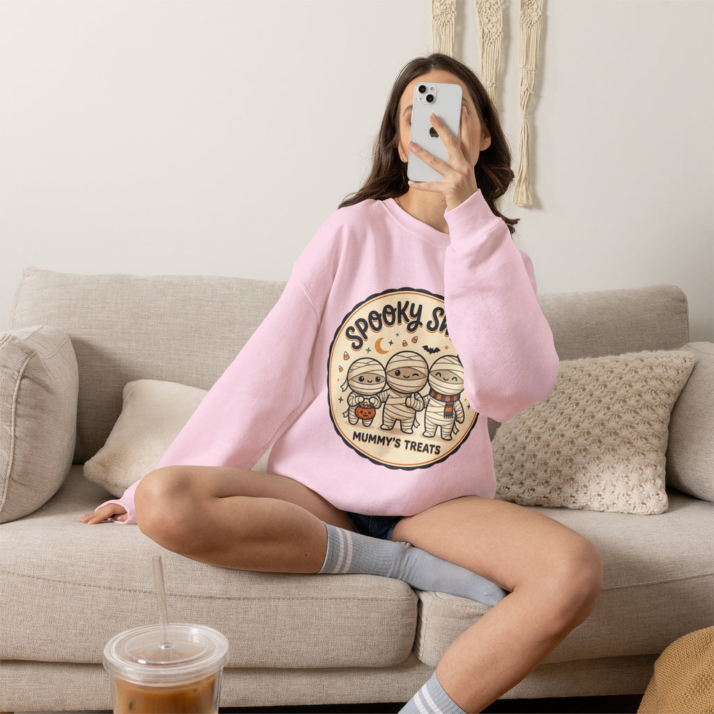 Halloween Sweatshirt — "Spooky Sweet Mummy's Treats" Cute Mummy Candy Crewneck