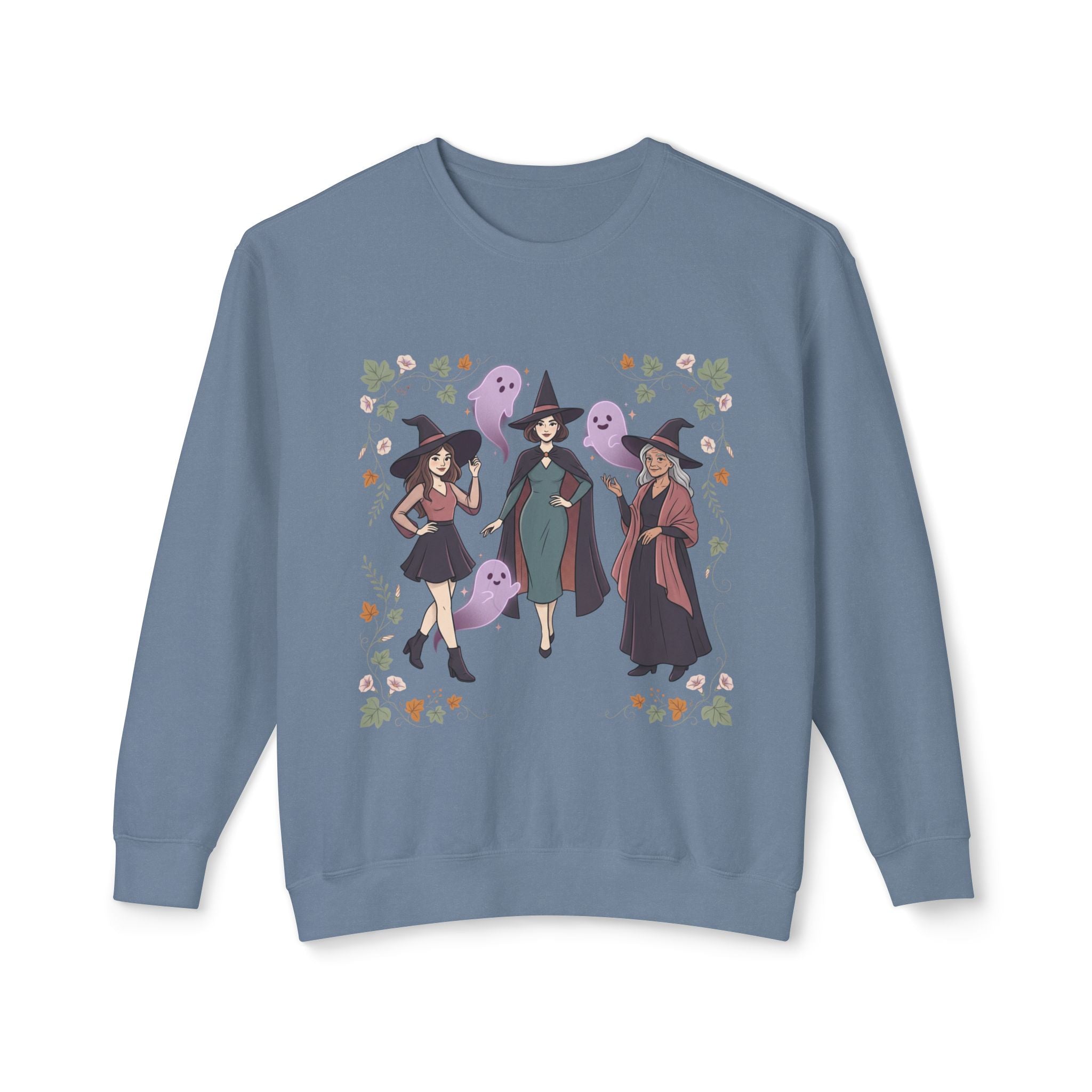 Three Witches with Ghosts Sweatshirt | Halloween Witch Trio, Autumn Leaves