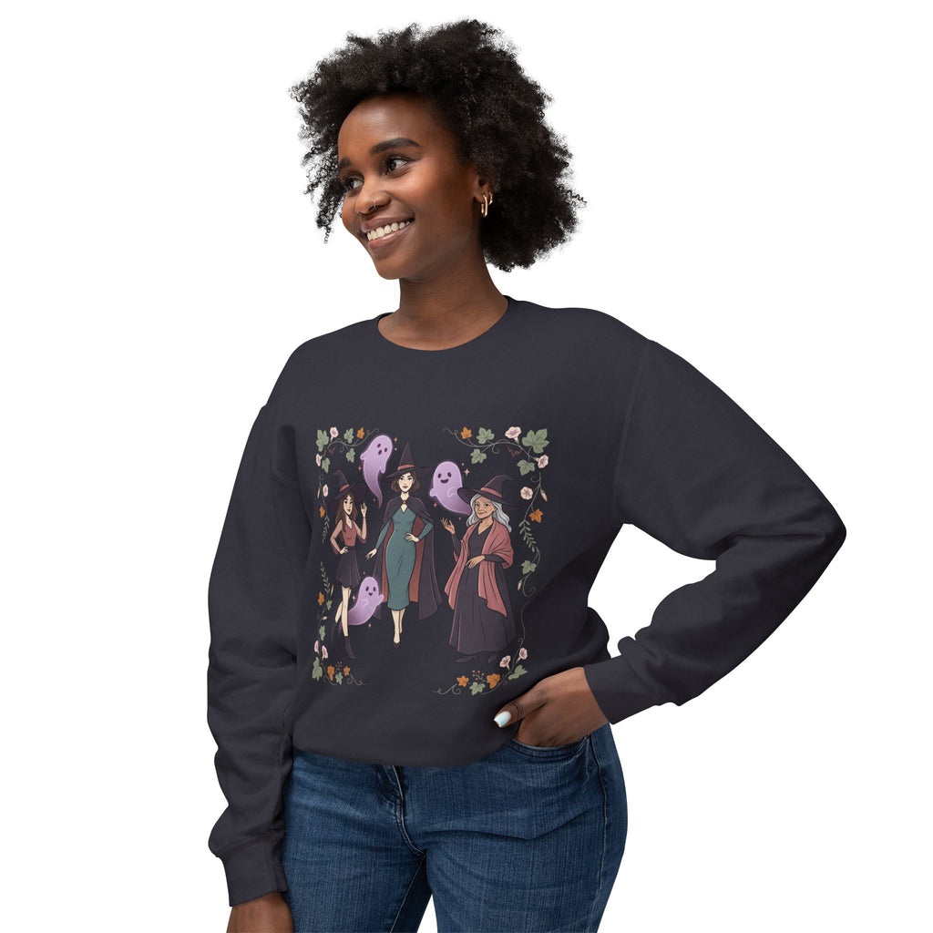 Three Witches with Ghosts Sweatshirt | Halloween Witch Trio, Autumn Leaves