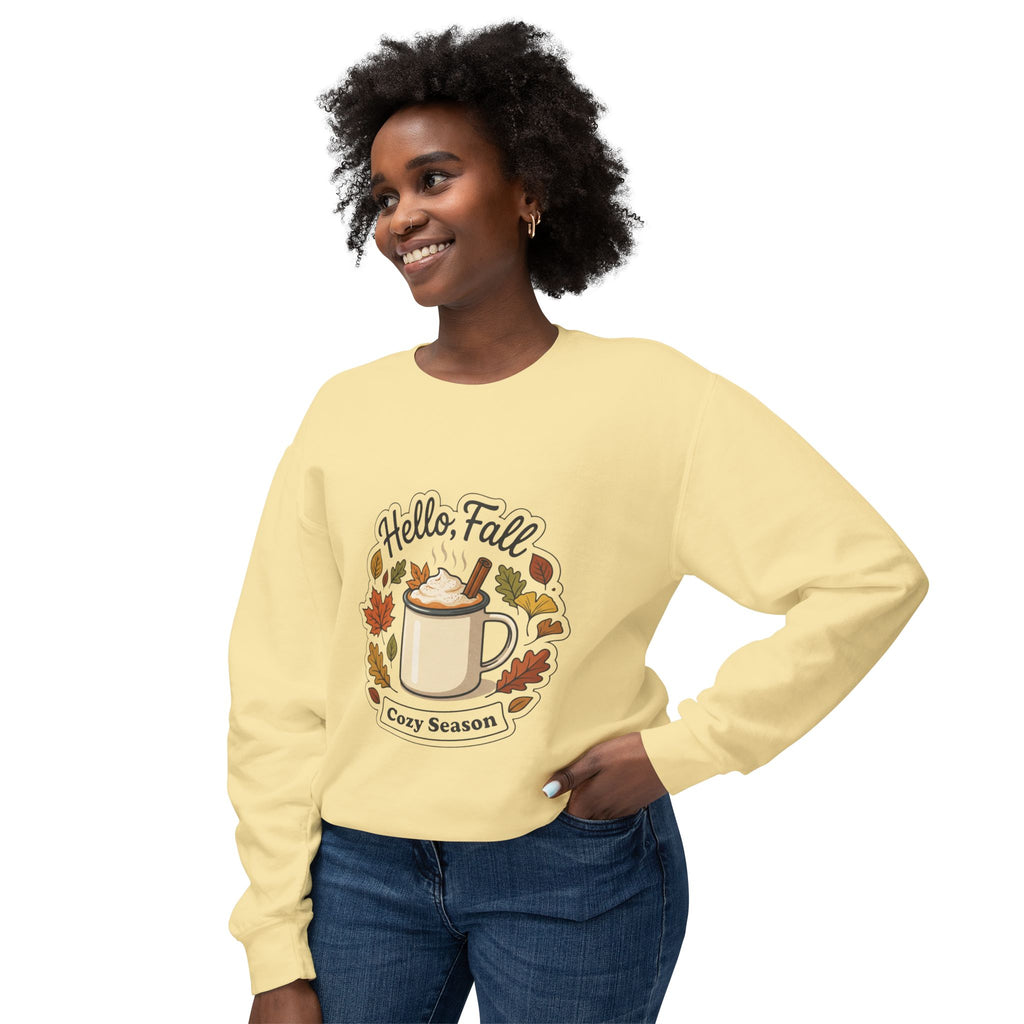 Hello Fall Cozy Season mug illustration Sweatshirt | Autumn leaves, pumpkin spice