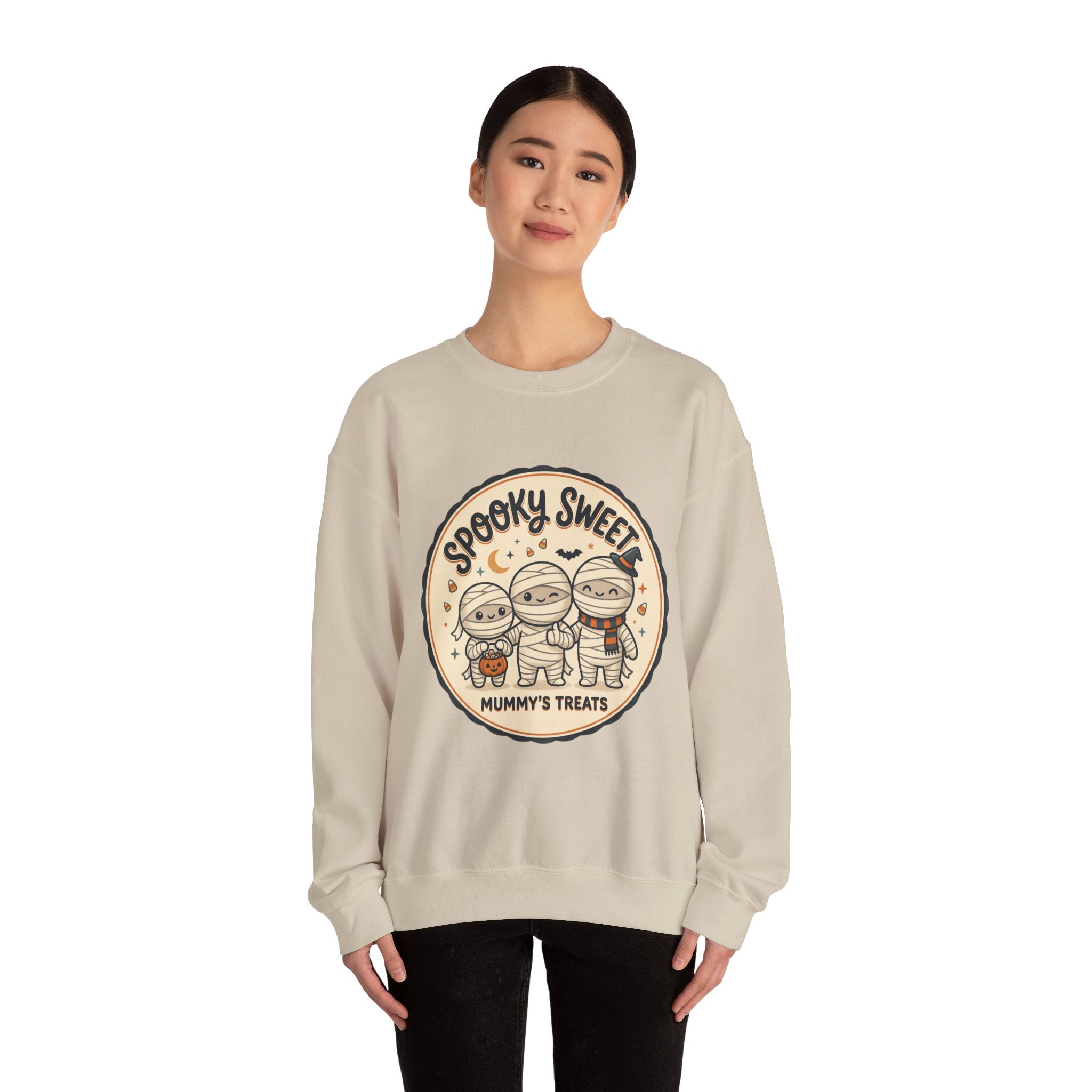 Halloween Sweatshirt — "Spooky Sweet Mummy's Treats" Cute Mummy Candy Crewneck