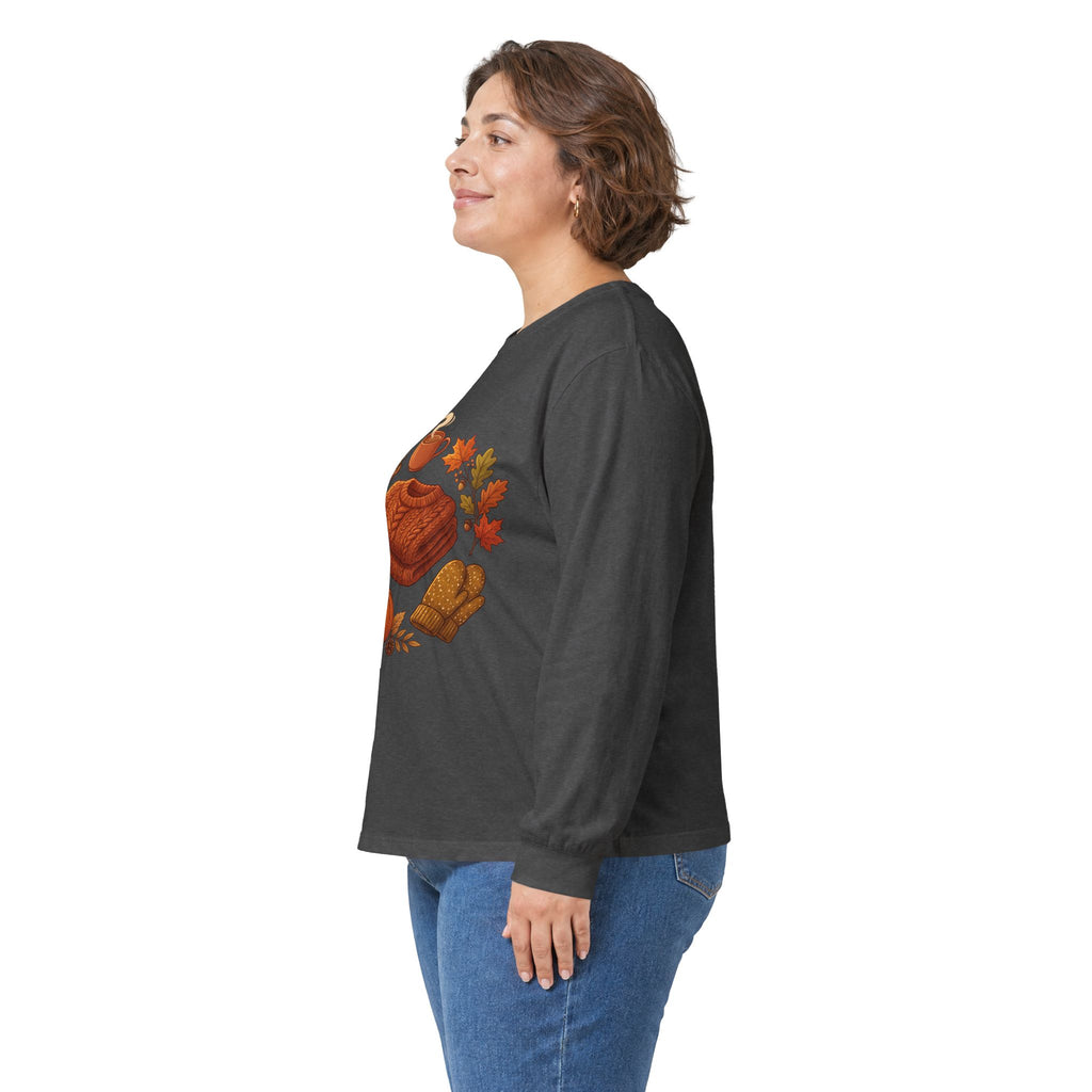 Autumn Cozy Comfort Long Sleeve Tee — Pumpkin, Sweater & Hot Drink Fall Design