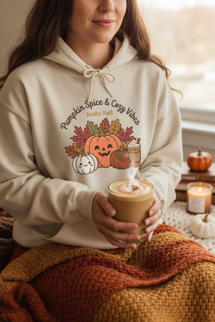 Person wearing Pumpkin Spice & Cozy Vibes Hoodie